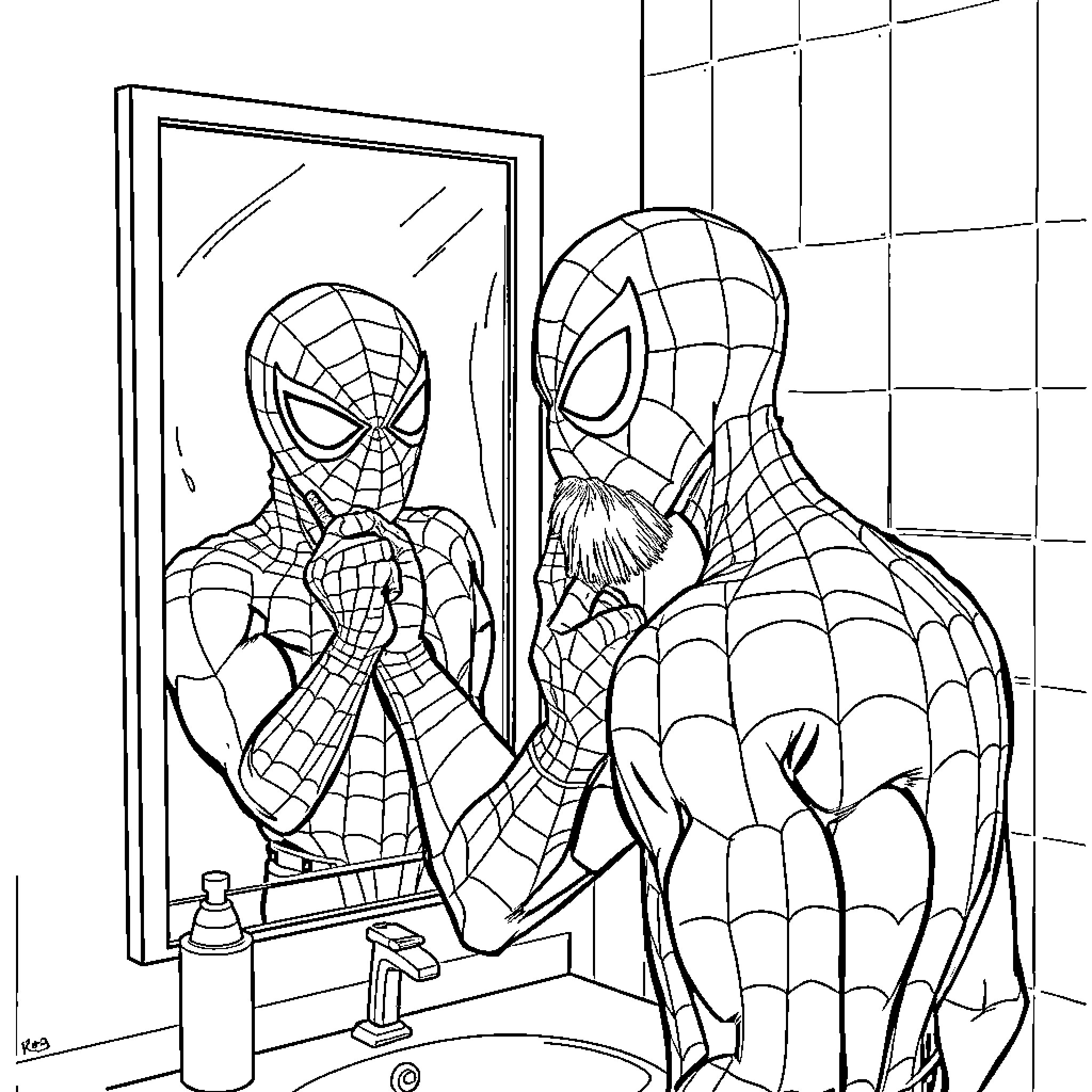 Spider-Man admiring reflection in mirror Coloring Page (free black-and-white line drawing printable PDF for all, from beginners to advanced learners, including children, teens, adults, and seniors)