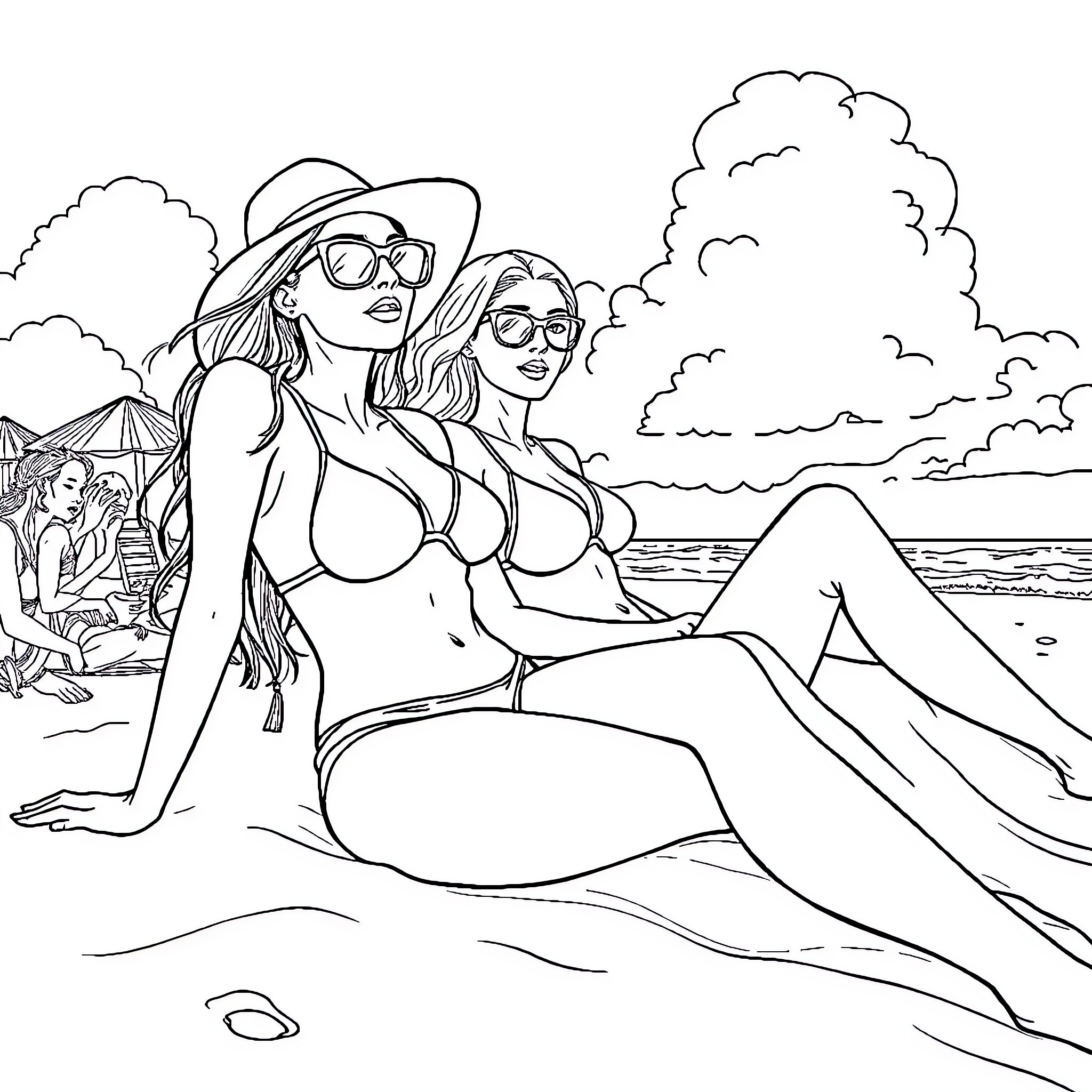 Women enjoying a day at the beach Coloring Page (free black-and-white line drawing printable PDF for all, from beginners to advanced learners, including children, teens, adults, and seniors)