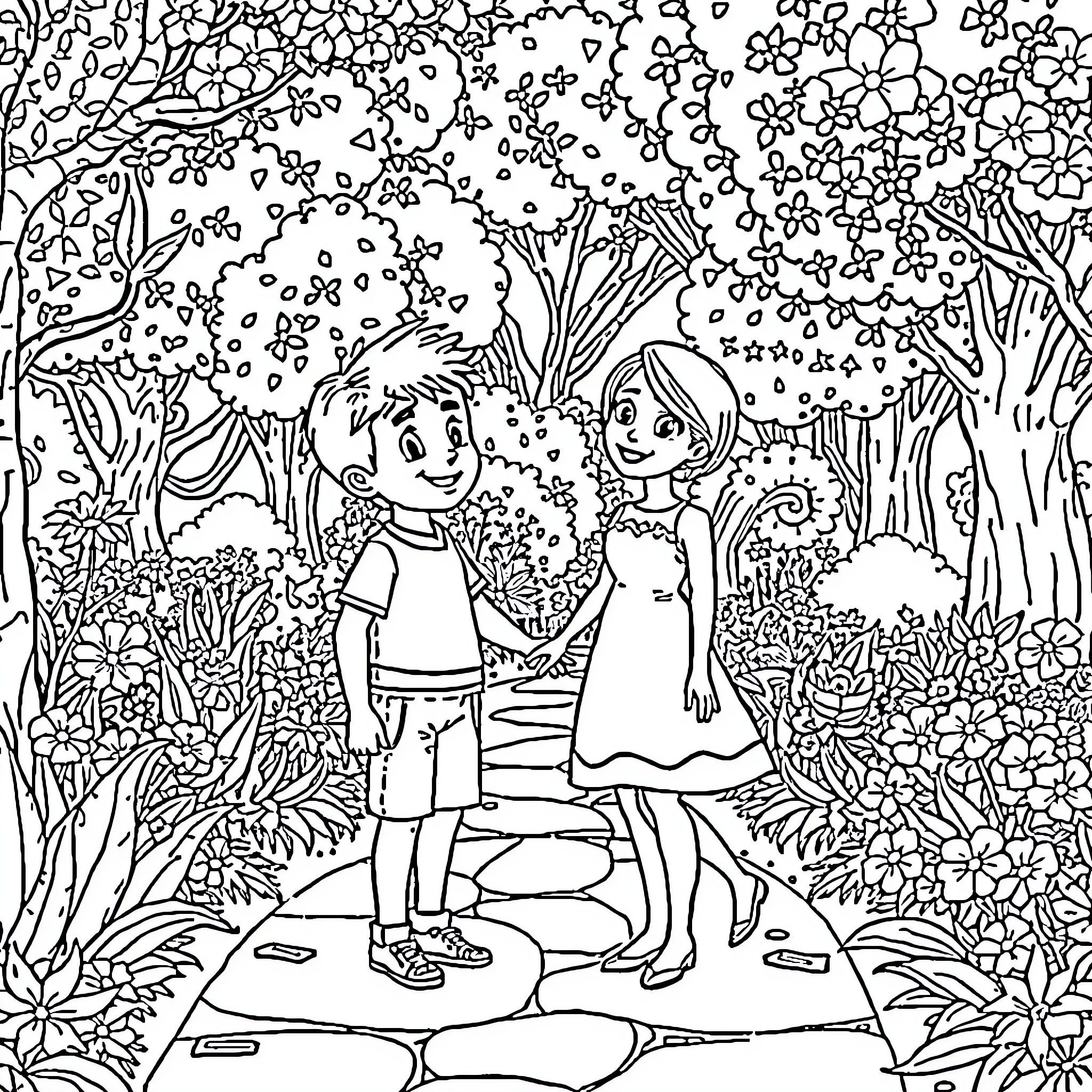 Adán y Eva: Recorriendo el jardín de flores juntos Coloring Page (free black-and-white line drawing printable PDF for all, from beginners to advanced learners, including children, teens, adults, and seniors)