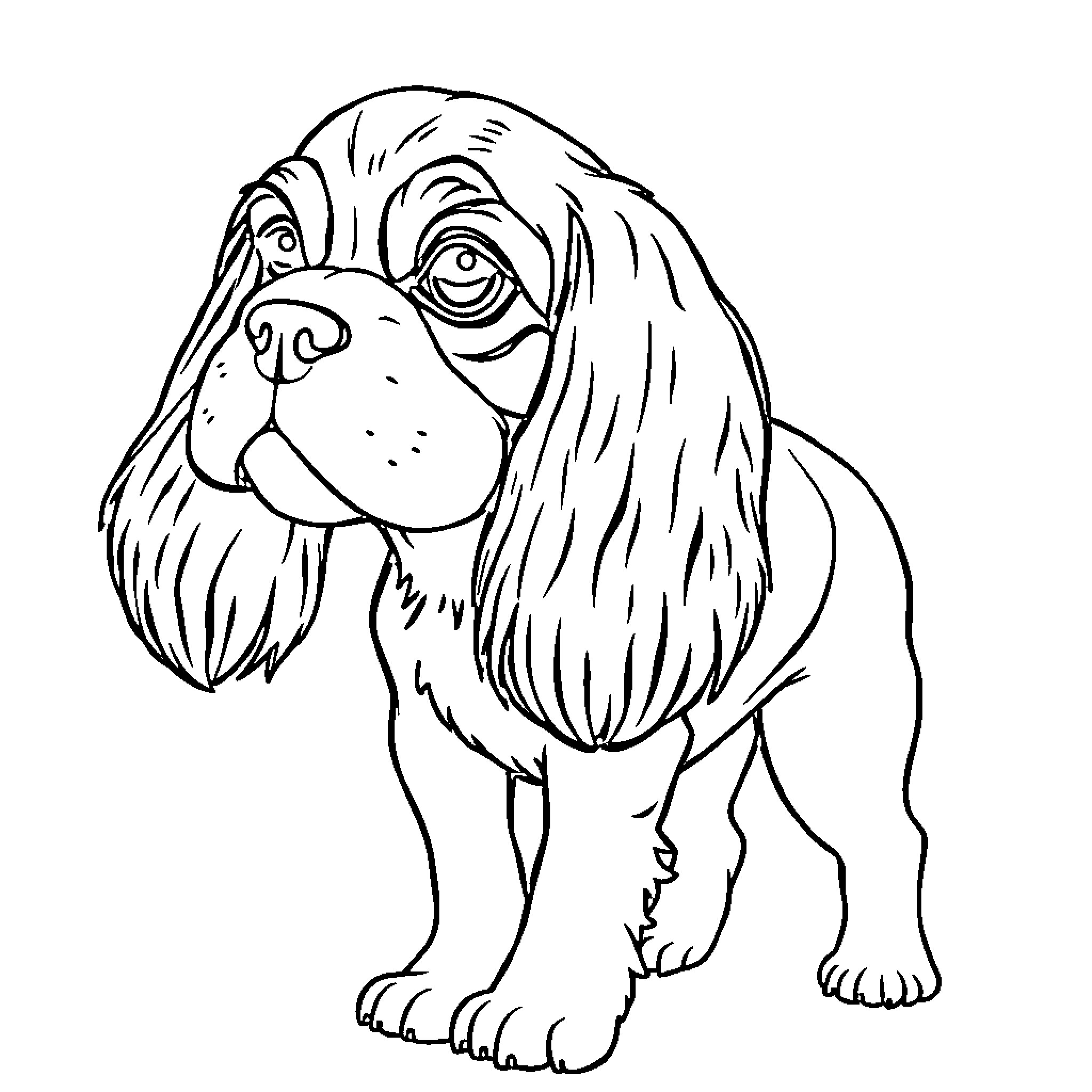 King Charles Spaniel puppy looking alert Coloring Page (free black-and-white line drawing printable PDF for all, from beginners to advanced learners, including children, teens, adults, and seniors)