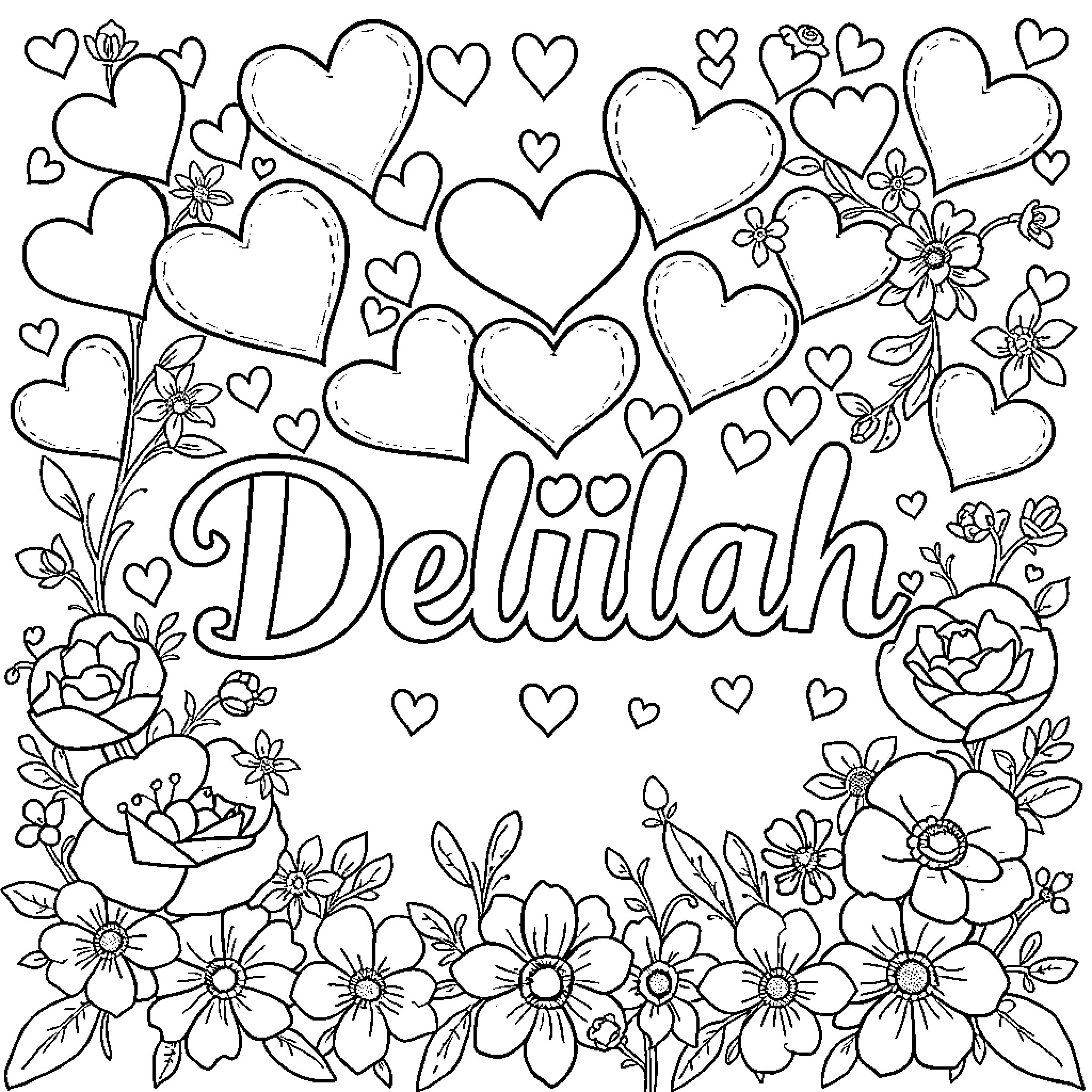 Heart-Shaped Floral Doodles with Name Coloring Page (free black-and-white line drawing printable PDF for all, from beginners to advanced learners, including children, teens, adults, and seniors)