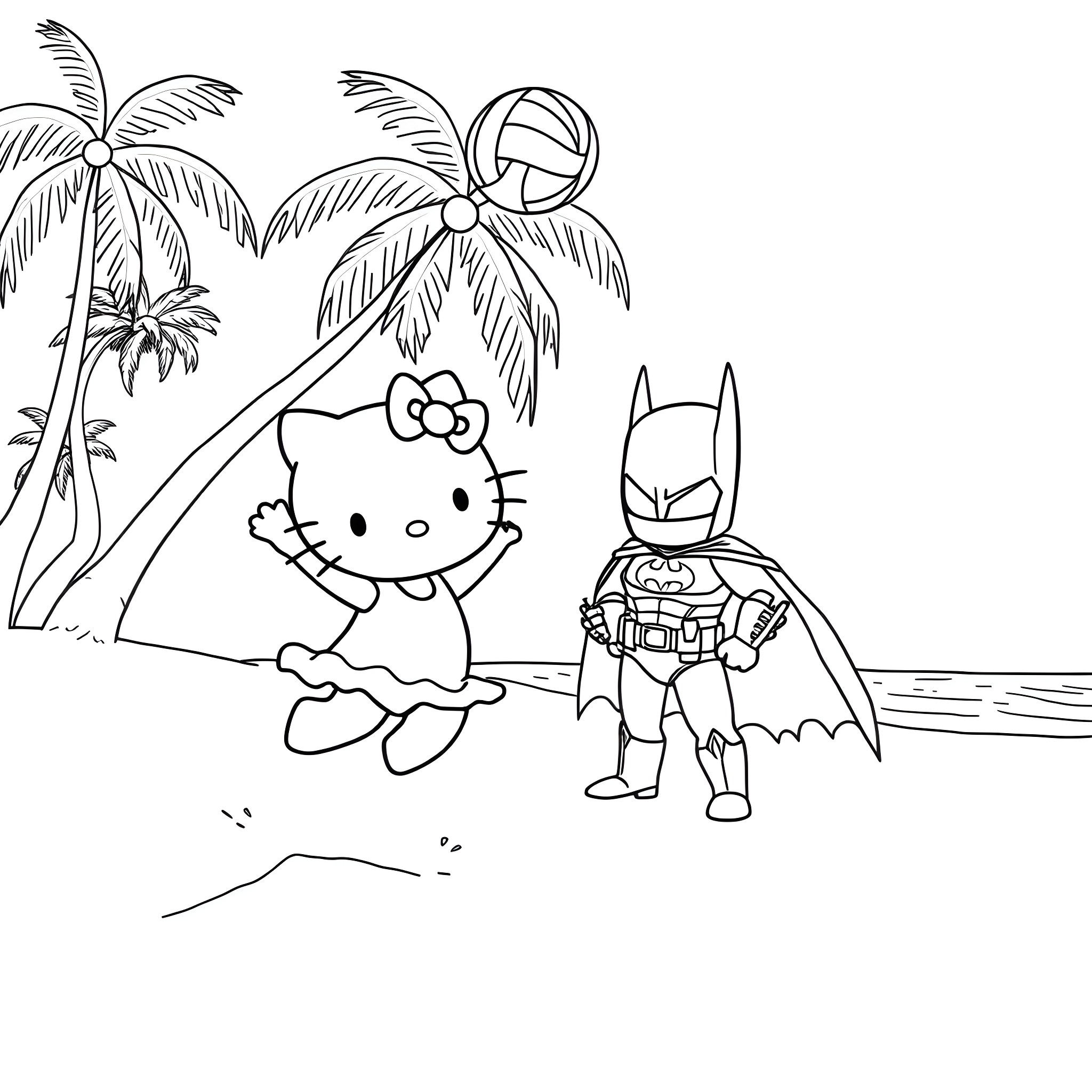 Hello Kitty's Tropical Adventure with Batman Coloring Page (free black-and-white line drawing printable PDF for all, from beginners to advanced learners, including children, teens, adults, and seniors)