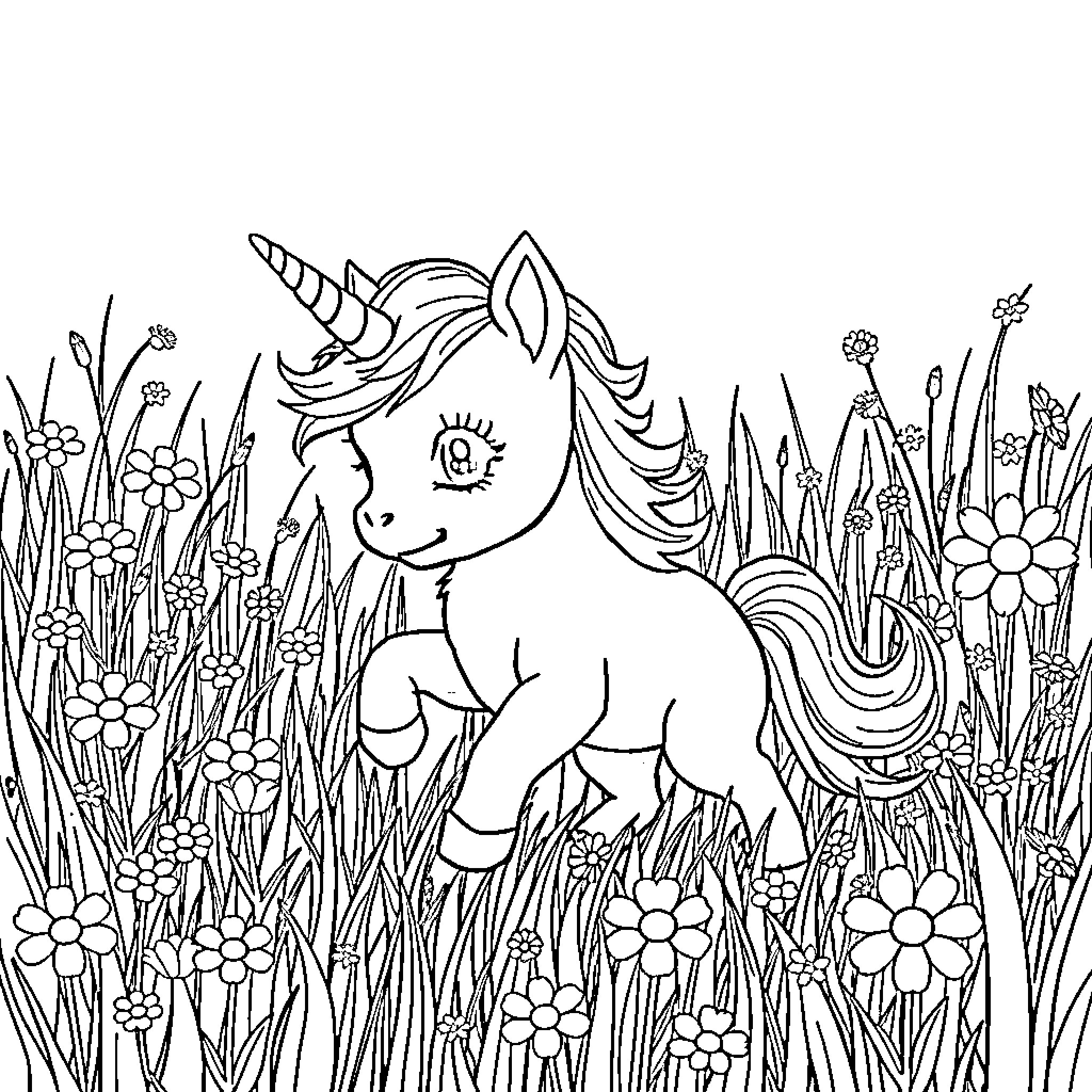 Unicorn Kitten frolicking in a flower-filled meadow Coloring Page (free black-and-white line drawing printable PDF for all, from beginners to advanced learners, including children, teens, adults, and seniors)