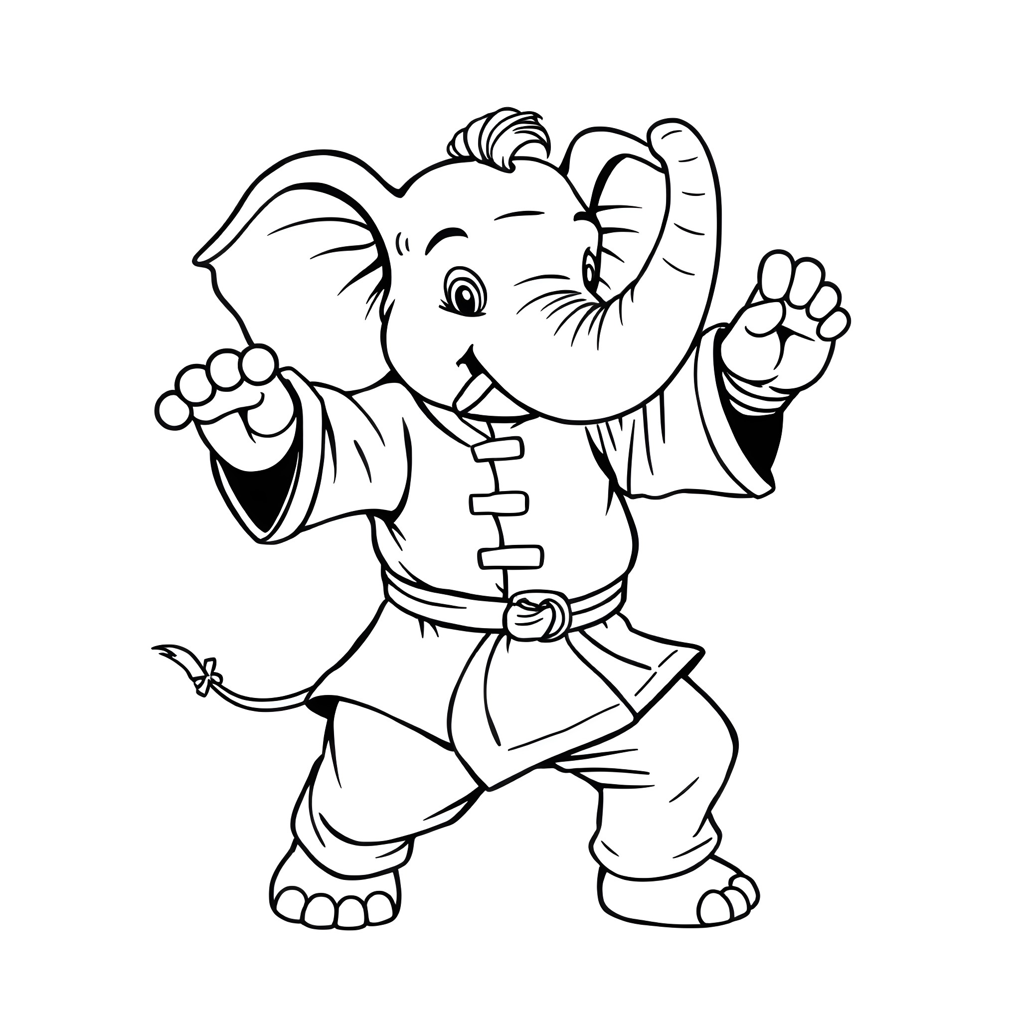 Elephant practicing martial arts Coloring Page (free black-and-white line drawing printable PDF for all, from beginners to advanced learners, including children, teens, adults, and seniors)