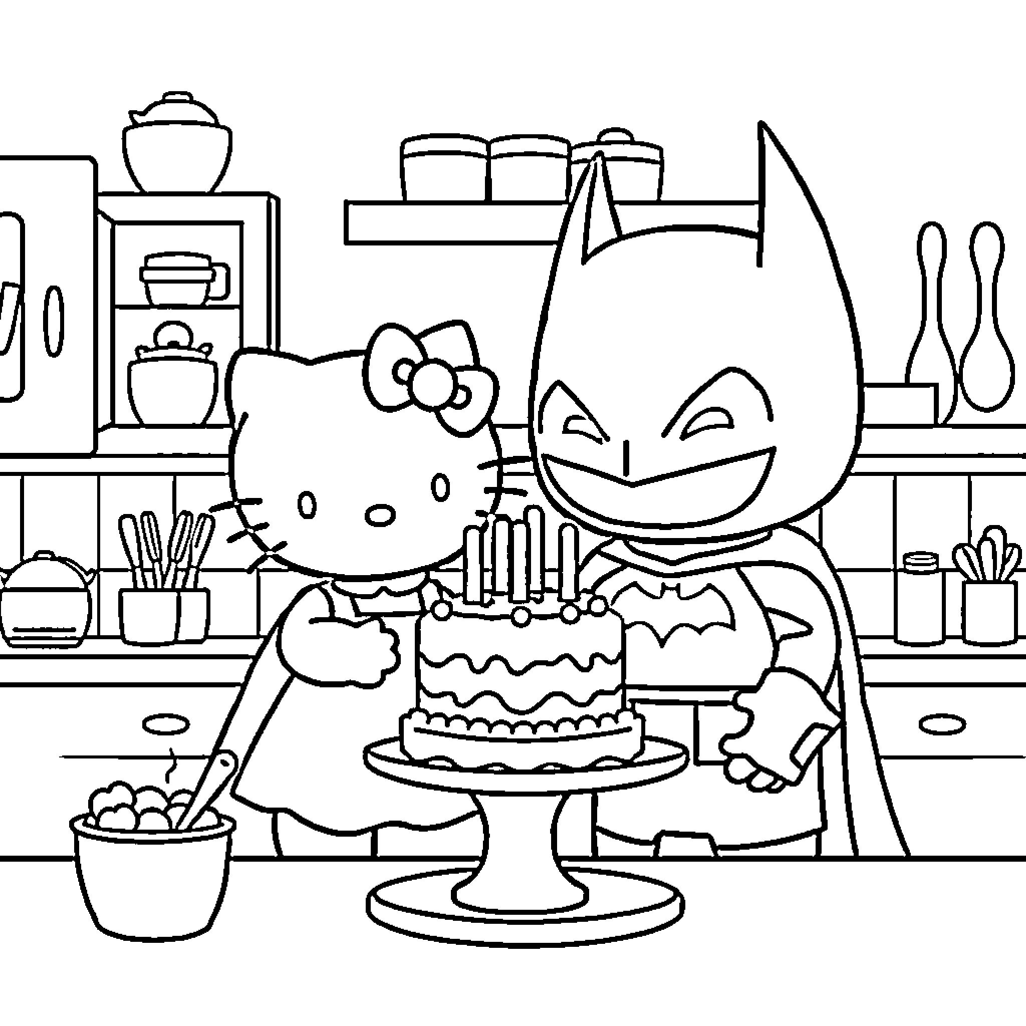 Hello Kitty celebrates with Batman in the kitchen Coloring Page (free black-and-white line drawing printable PDF for all, from beginners to advanced learners, including children, teens, adults, and seniors)