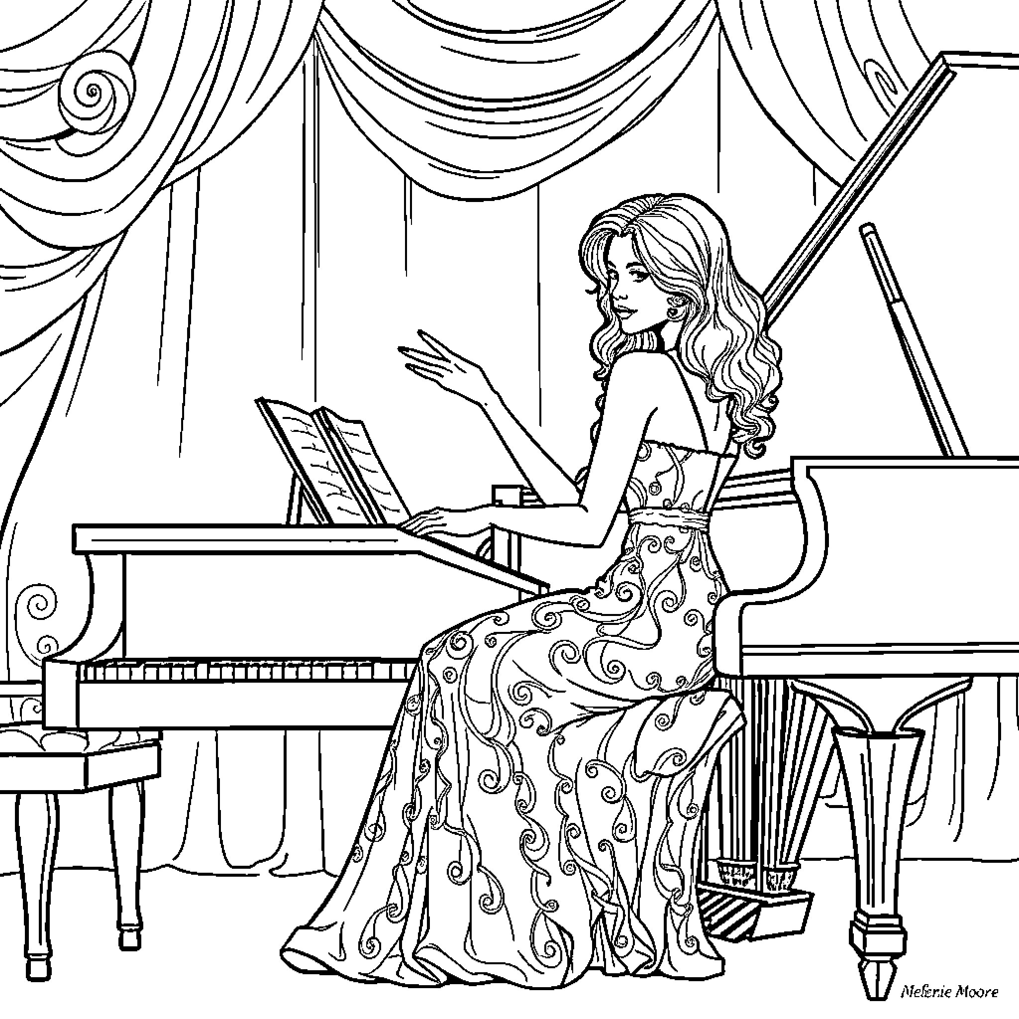 Melanie Moore playing piano gracefully on stage Coloring Page (free black-and-white line drawing printable PDF for all, from beginners to advanced learners, including children, teens, adults, and seniors)