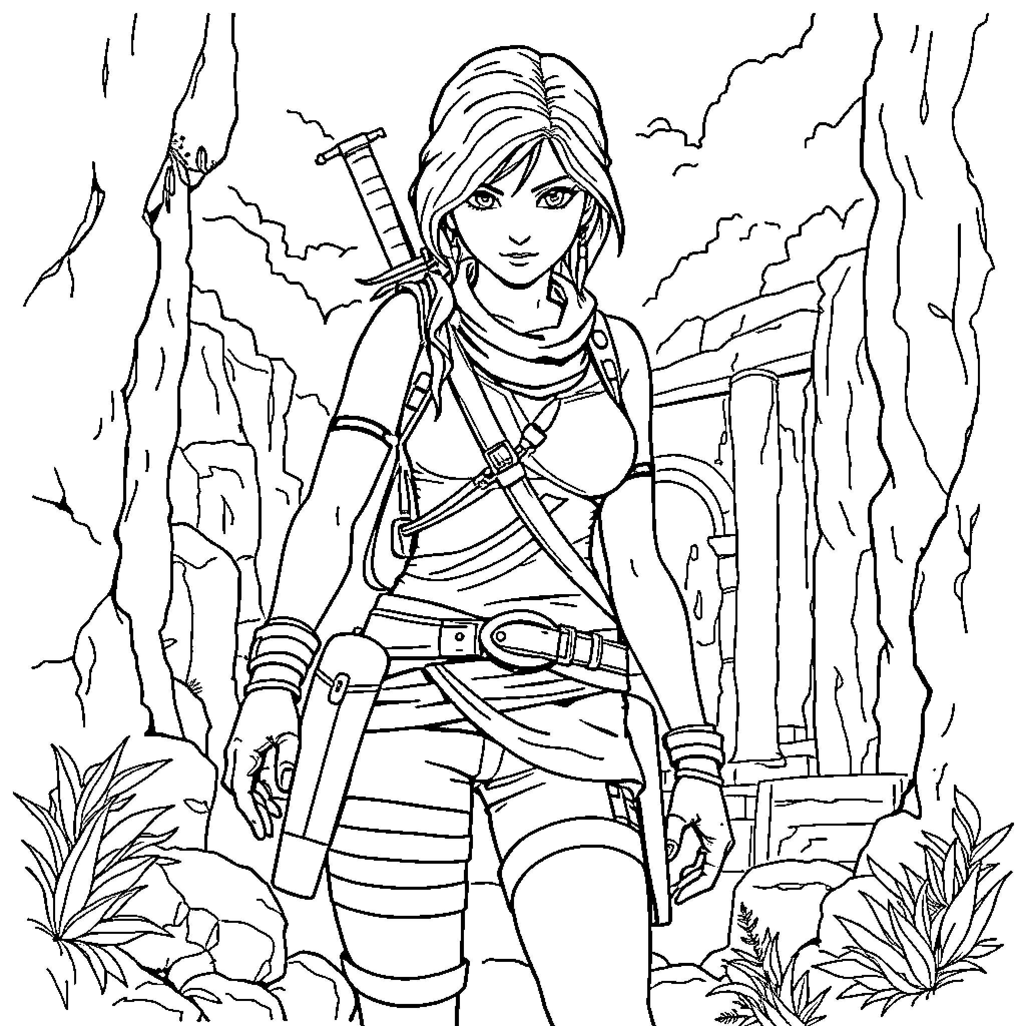 Lara Croft's Adventurous Escapade in the Rugged Terrain Coloring Page (free black-and-white line drawing printable PDF for all, from beginners to advanced learners, including children, teens, adults, and seniors)