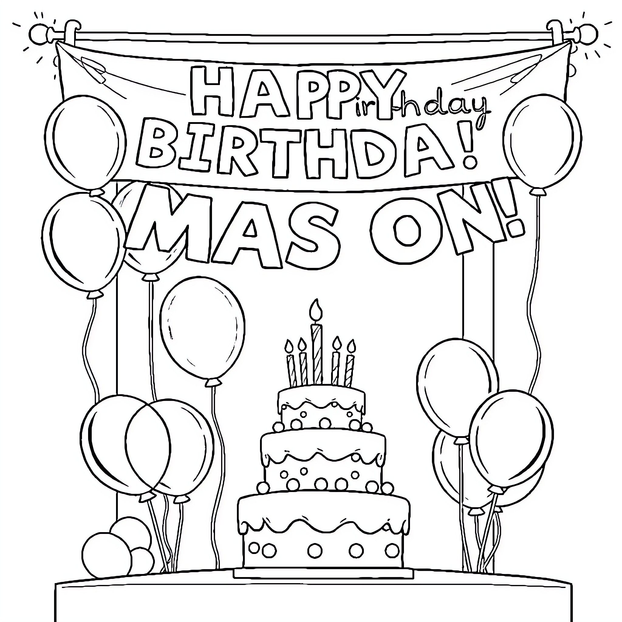 Birthday party with cake and balloons Coloring Page (free black-and-white line drawing printable PDF for all, from beginners to advanced learners, including children, teens, adults, and seniors)