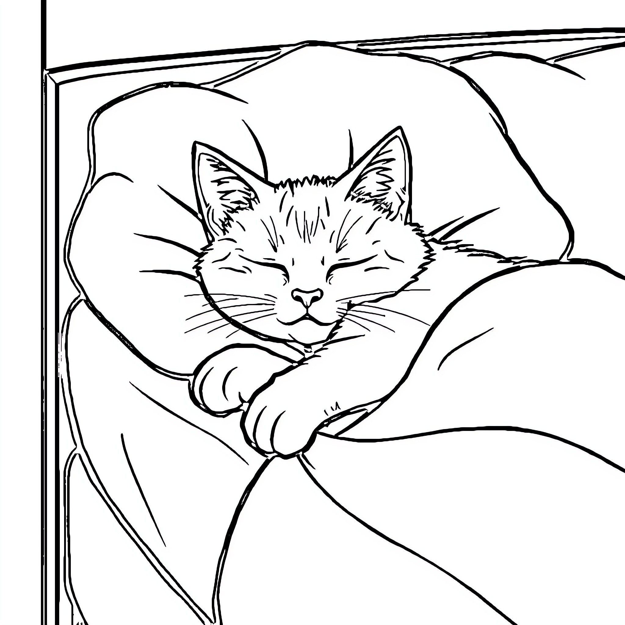Cat sleeping peacefully in cozy blanket Coloring Page (free black-and-white line drawing printable PDF for all, from beginners to advanced learners, including children, teens, adults, and seniors)