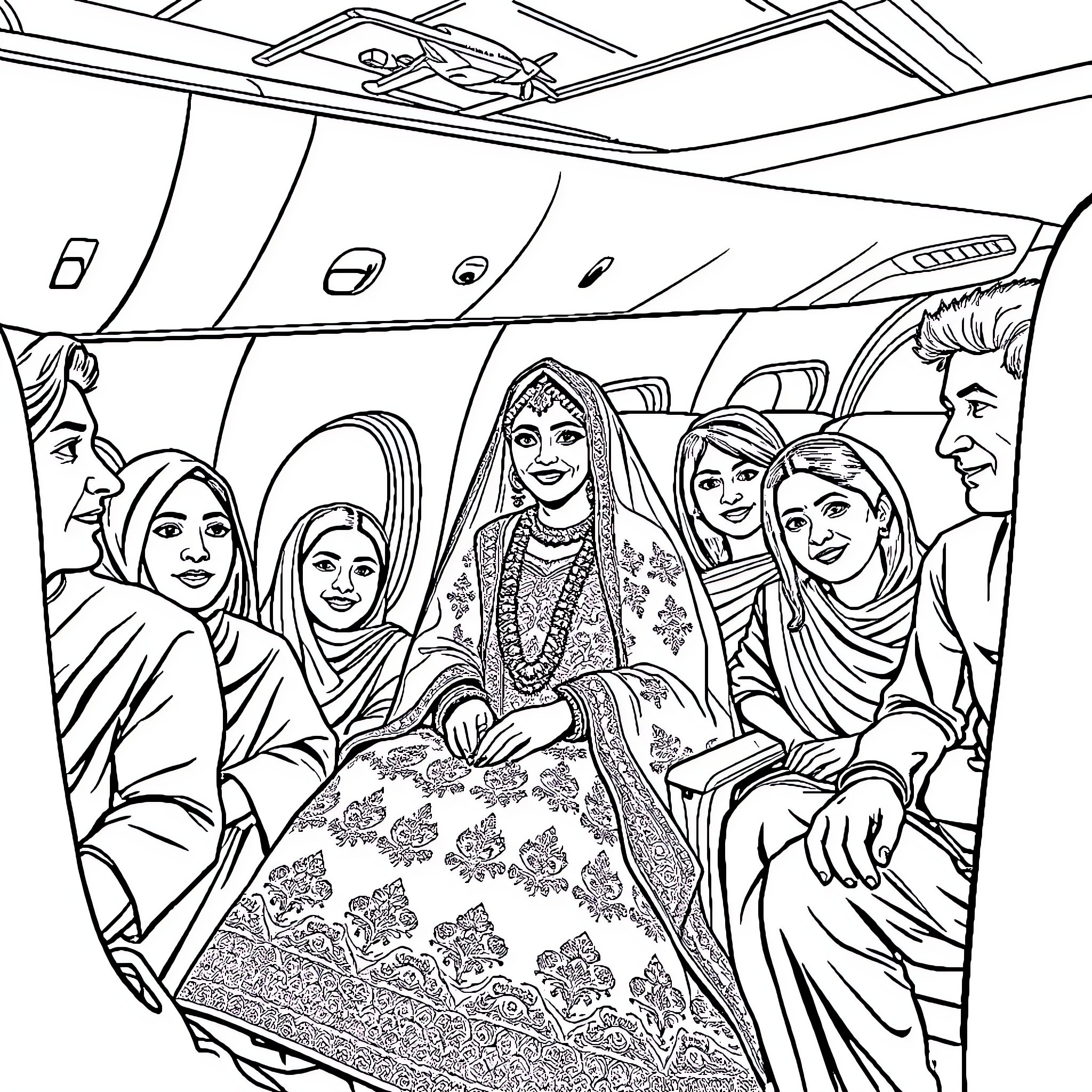 Bride and wedding party in traditional attire Coloring Page (free black-and-white line drawing printable PDF for all, from beginners to advanced learners, including children, teens, adults, and seniors)