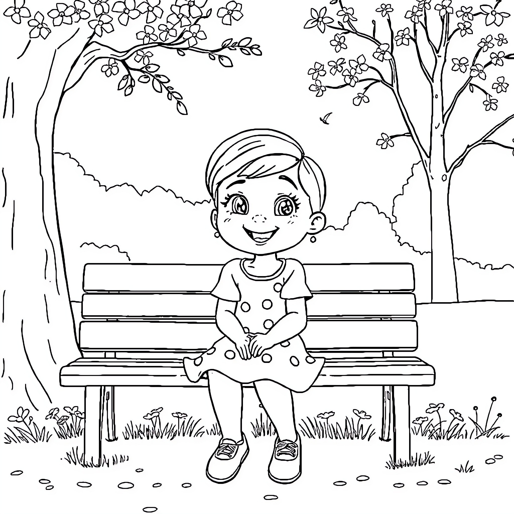 Olivia enjoys a peaceful day in the park Coloring Page (free black-and-white line drawing printable PDF for all, from beginners to advanced learners, including children, teens, adults, and seniors)