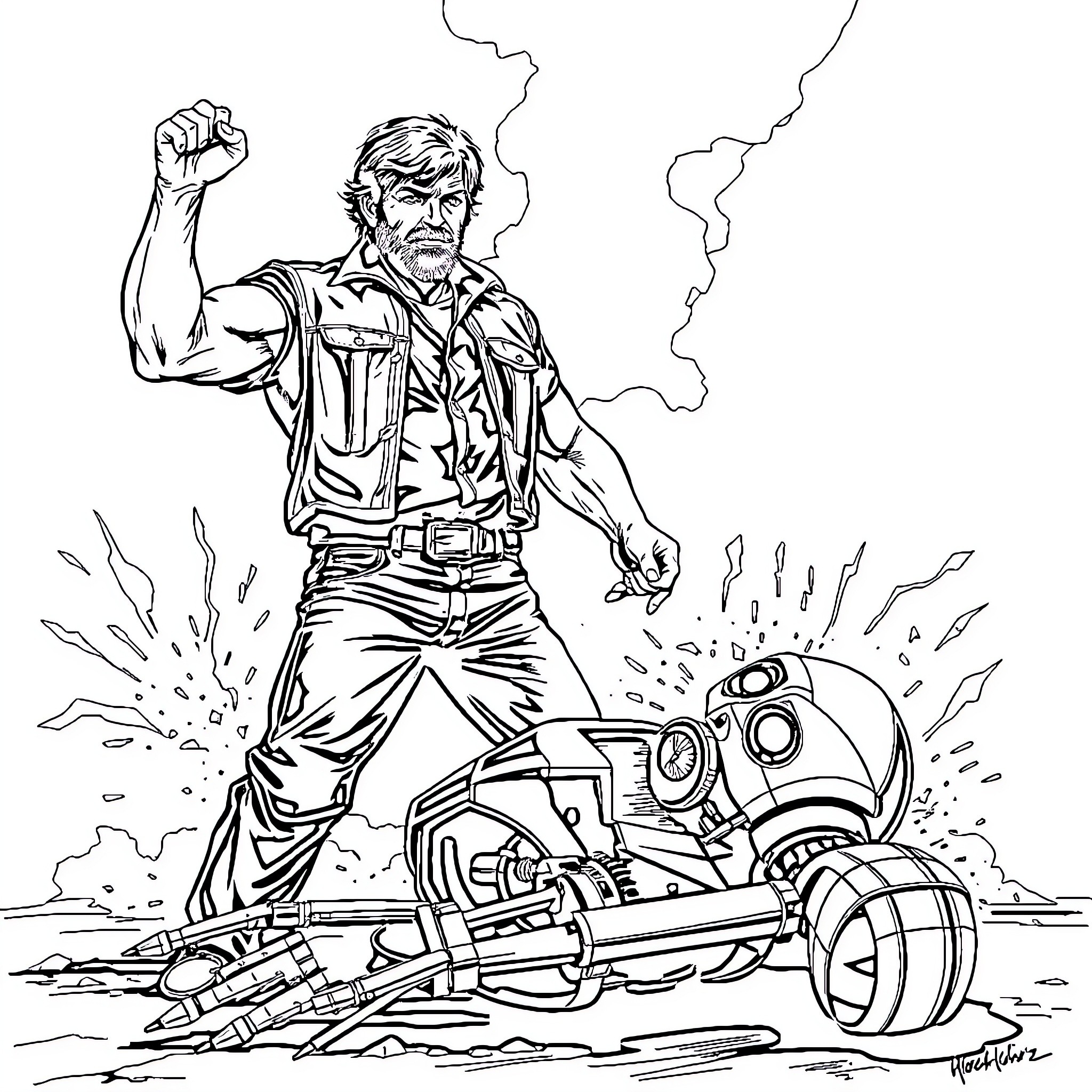 Chuck Norris battles futuristic adversaries with heroic determination Coloring Page (free black-and-white line drawing printable PDF for all, from beginners to advanced learners, including children, teens, adults, and seniors)