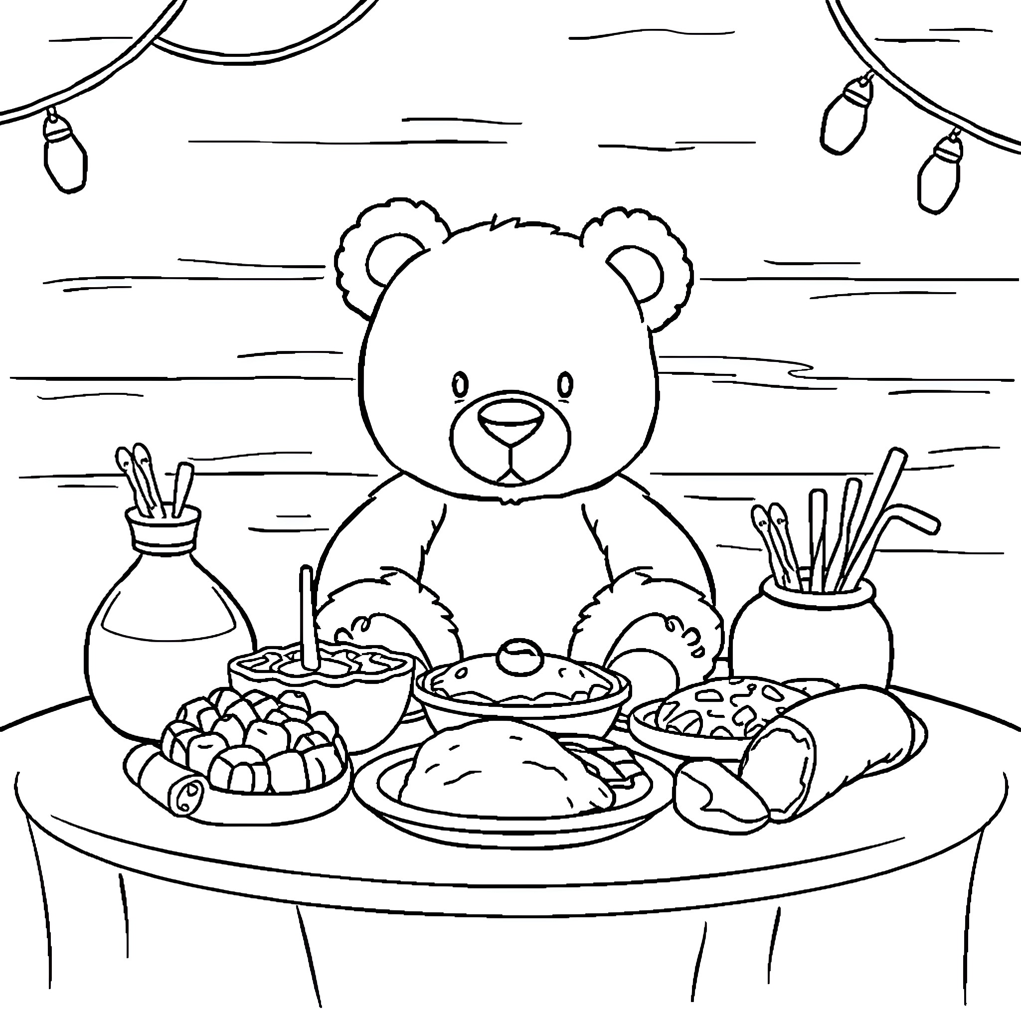 Teddy Bear Enjoying a Delicious Meal Coloring Page (free black-and-white line drawing printable PDF for all, from beginners to advanced learners, including children, teens, adults, and seniors)