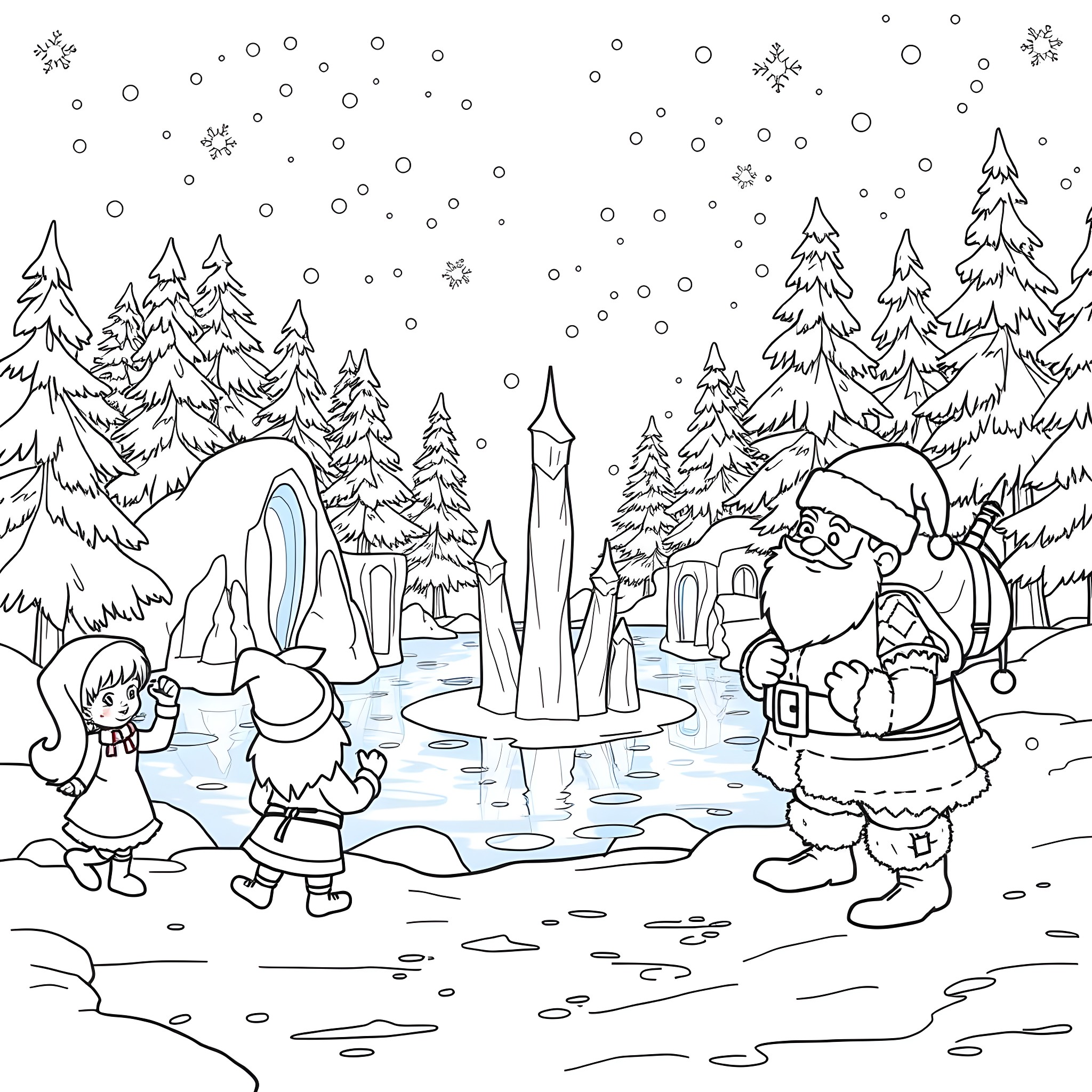 Santa and friends enjoying winter wonderland Coloring Page (free black-and-white line drawing printable PDF for all, from beginners to advanced learners, including children, teens, adults, and seniors)