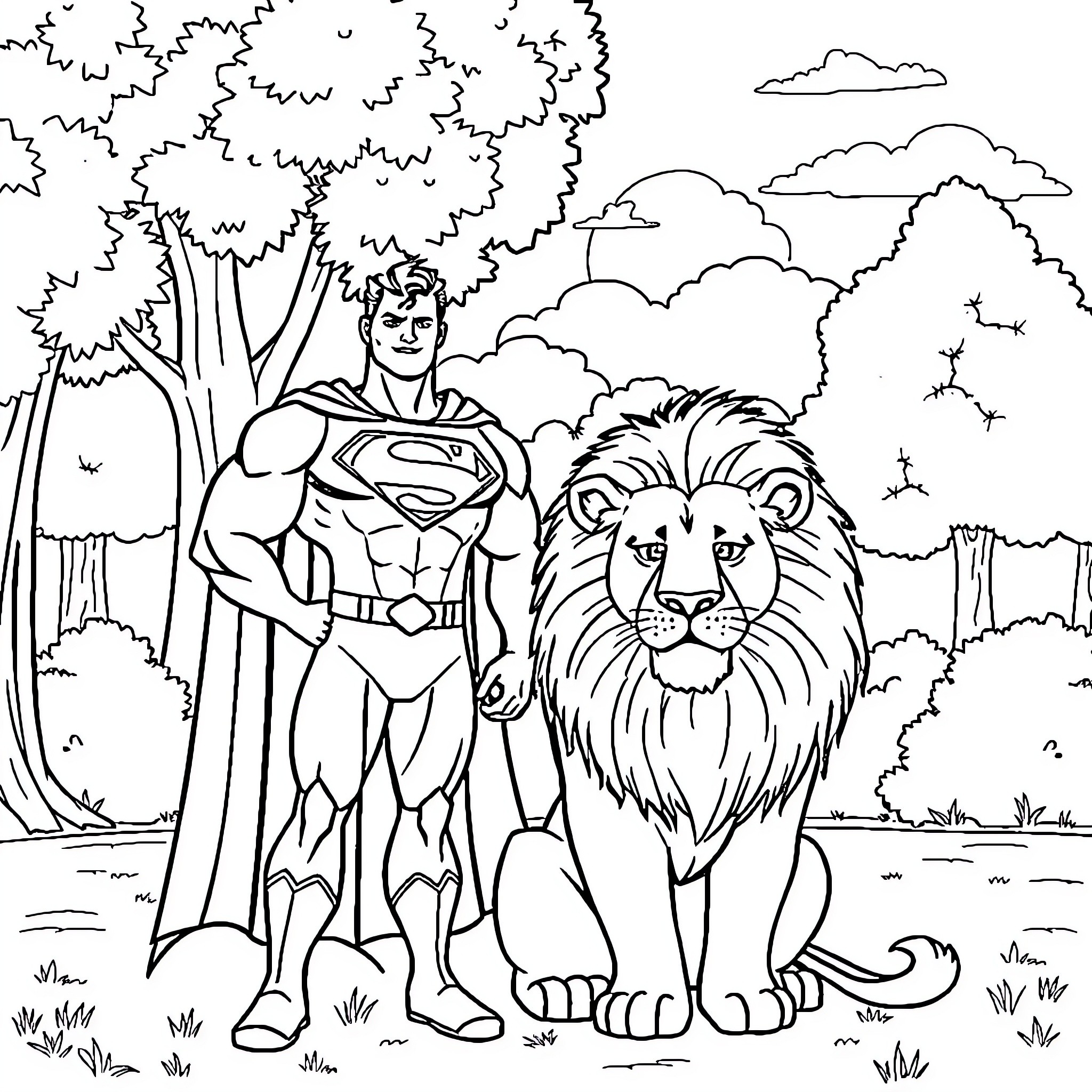Superman and the Majestic Lion in the Wilderness Coloring Page (free black-and-white line drawing printable PDF for all, from beginners to advanced learners, including children, teens, adults, and seniors)