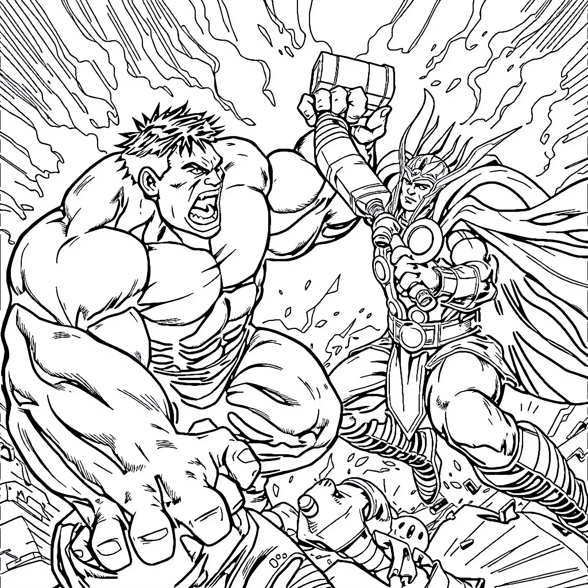 Hulk's Clash with Thor in Intense Battle Coloring Page (free black-and-white line drawing printable PDF for all, from beginners to advanced learners, including children, teens, adults, and seniors)
