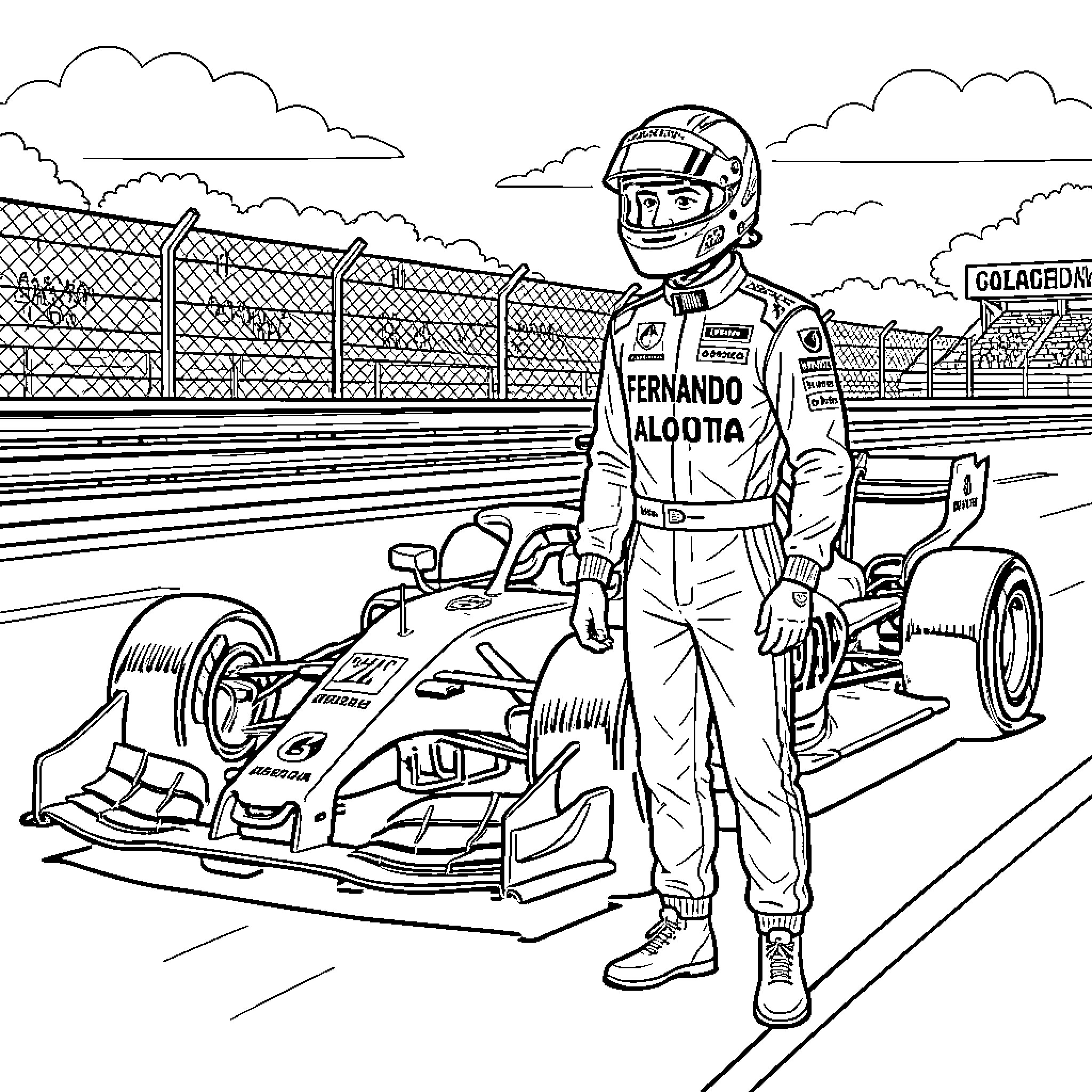 Fernando Alonso racing on the track in his car Coloring Page (free black-and-white line drawing printable PDF for all, from beginners to advanced learners, including children, teens, adults, and seniors)