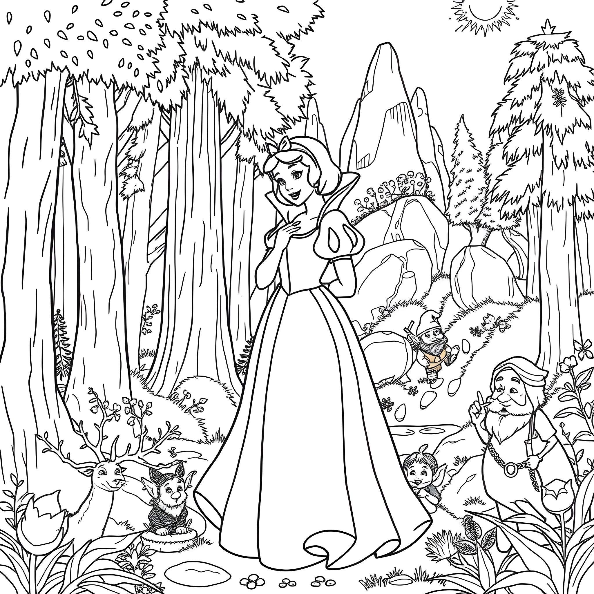 Snow White exploring the enchanted forest with animal friends Coloring Page (free black-and-white line drawing printable PDF for all, from beginners to advanced learners, including children, teens, adults, and seniors)