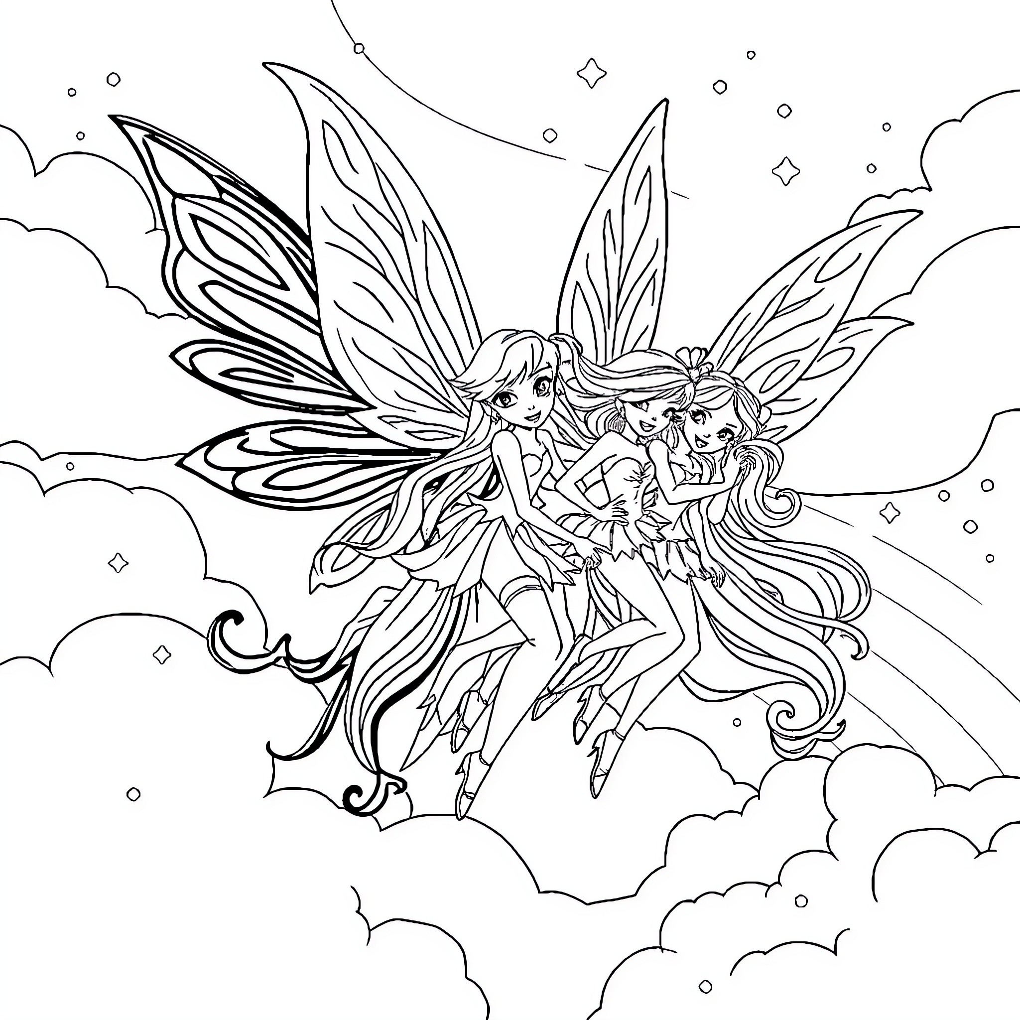 Winx Club Fairies Soaring in the Clouds Coloring Page (free black-and-white line drawing printable PDF for all, from beginners to advanced learners, including children, teens, adults, and seniors)