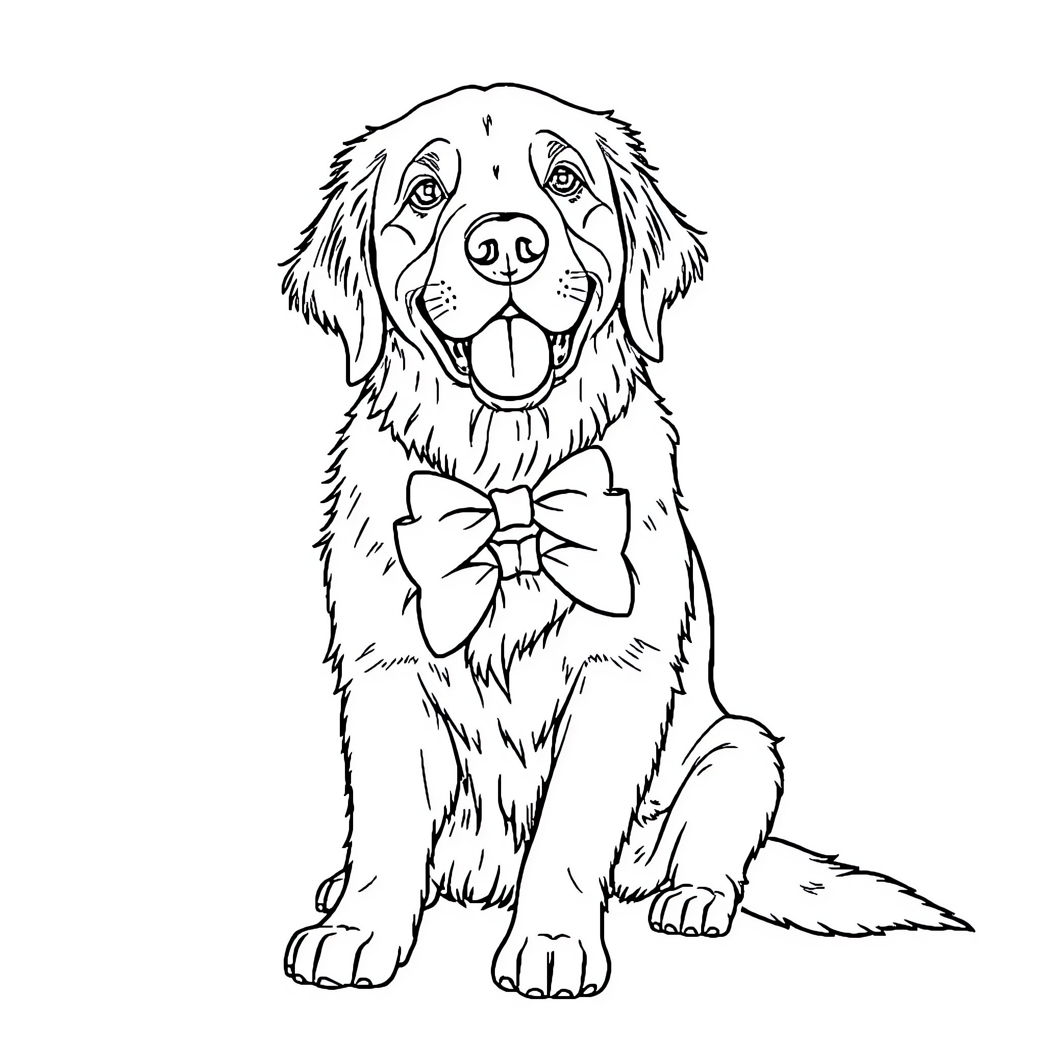 Golden Retriever with Bow Tie Coloring Page (free black-and-white line drawing printable PDF for all, from beginners to advanced learners, including children, teens, adults, and seniors)