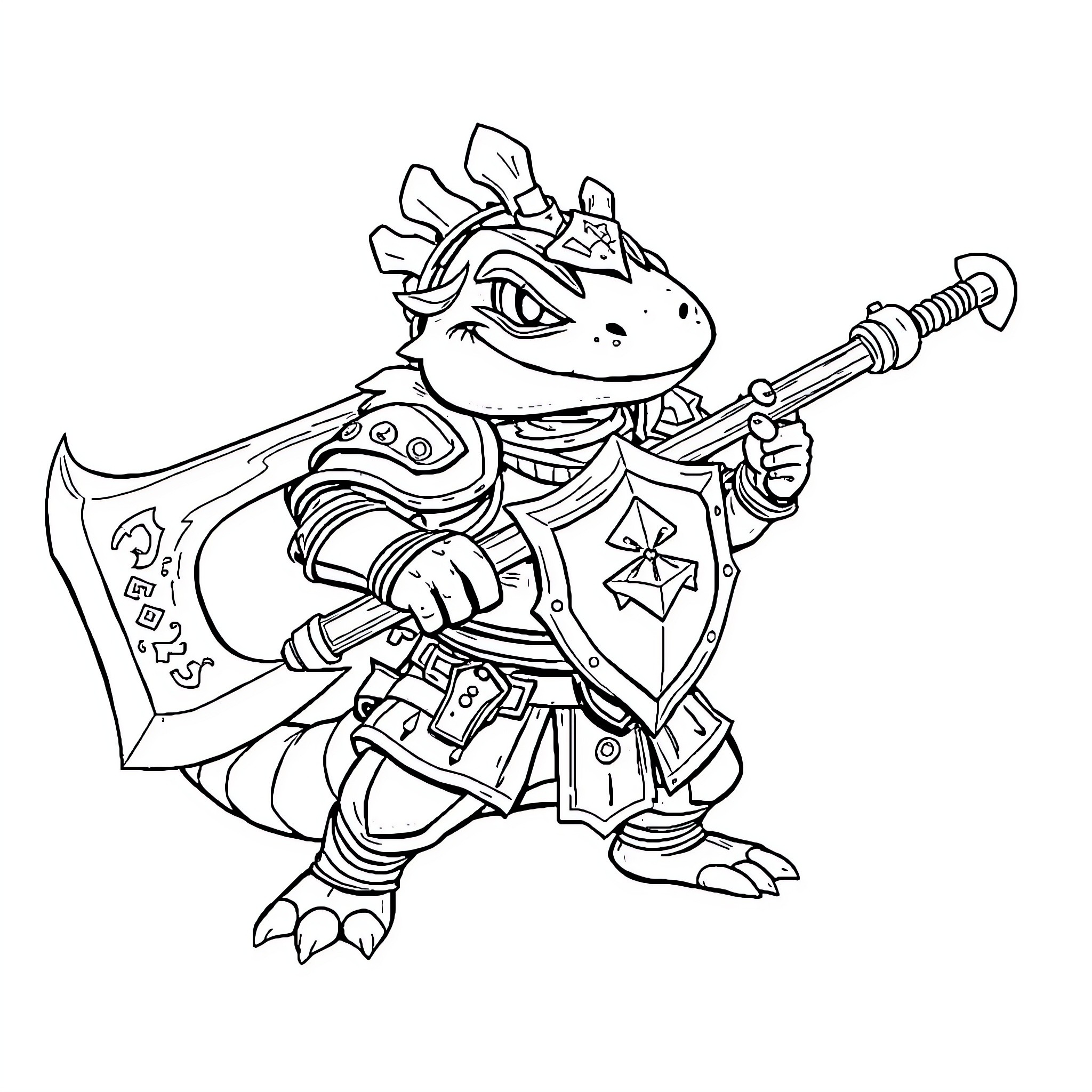 Axolotl warrior with sword and shield Coloring Page (free black-and-white line drawing printable PDF for all, from beginners to advanced learners, including children, teens, adults, and seniors)