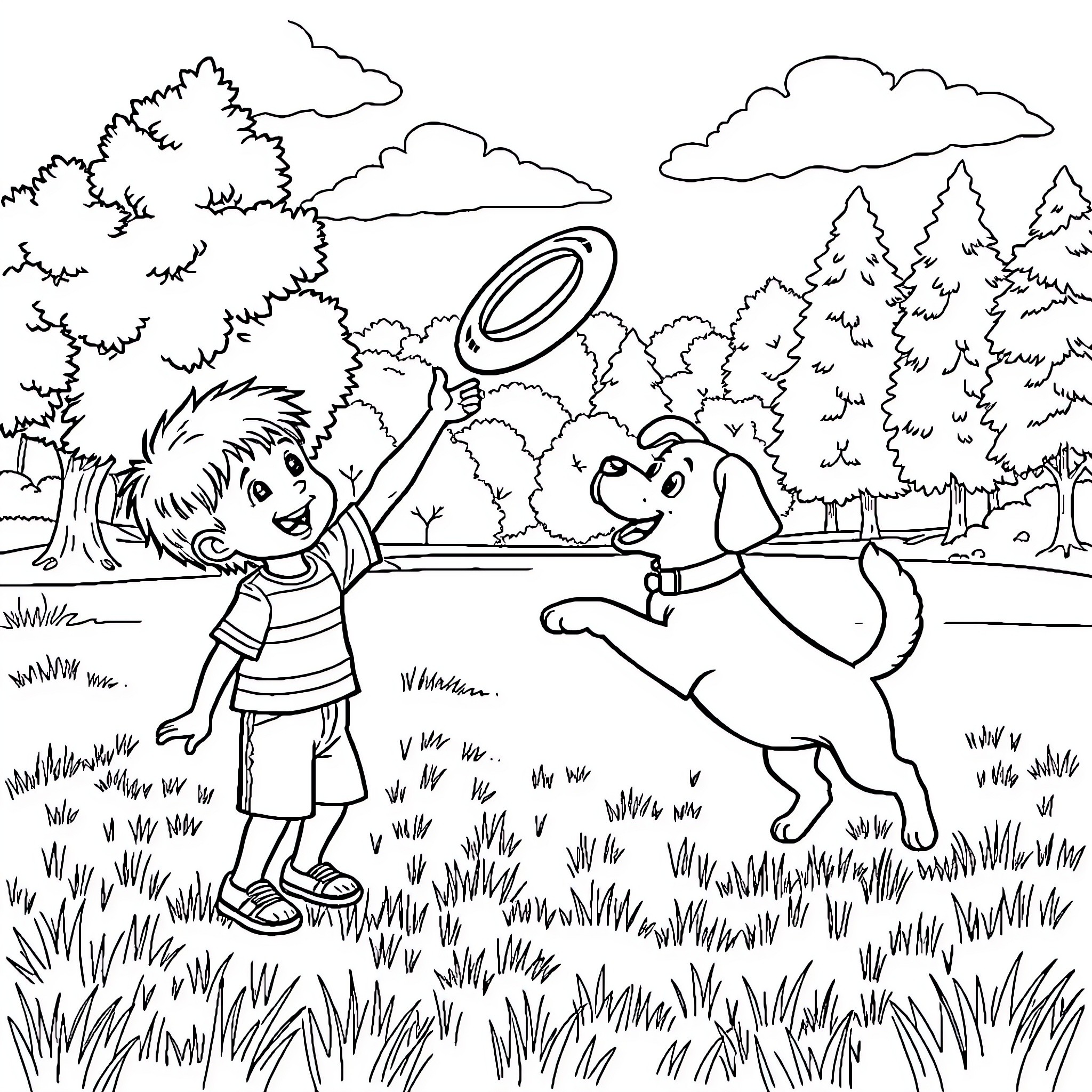 Boy playing outdoors with his dog in nature Coloring Page (free black-and-white line drawing printable PDF for all, from beginners to advanced learners, including children, teens, adults, and seniors)