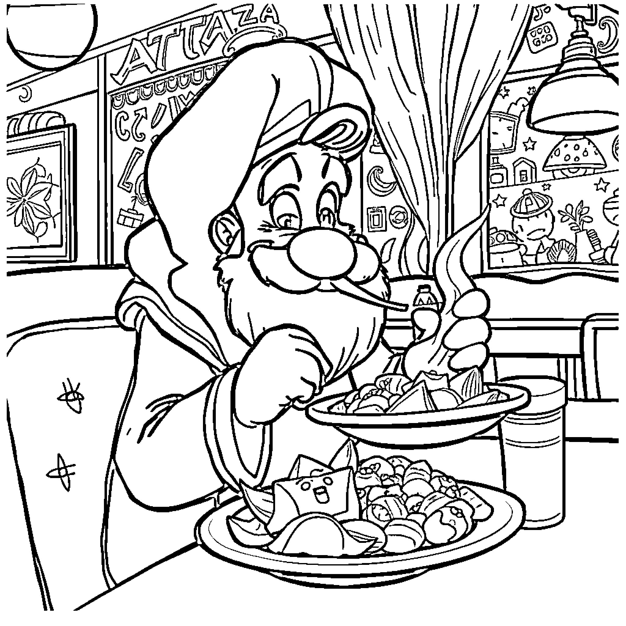 Rumi Enjoying a Hearty Meal at the Tavern Coloring Page (free black-and-white line drawing printable PDF for all, from beginners to advanced learners, including children, teens, adults, and seniors)
