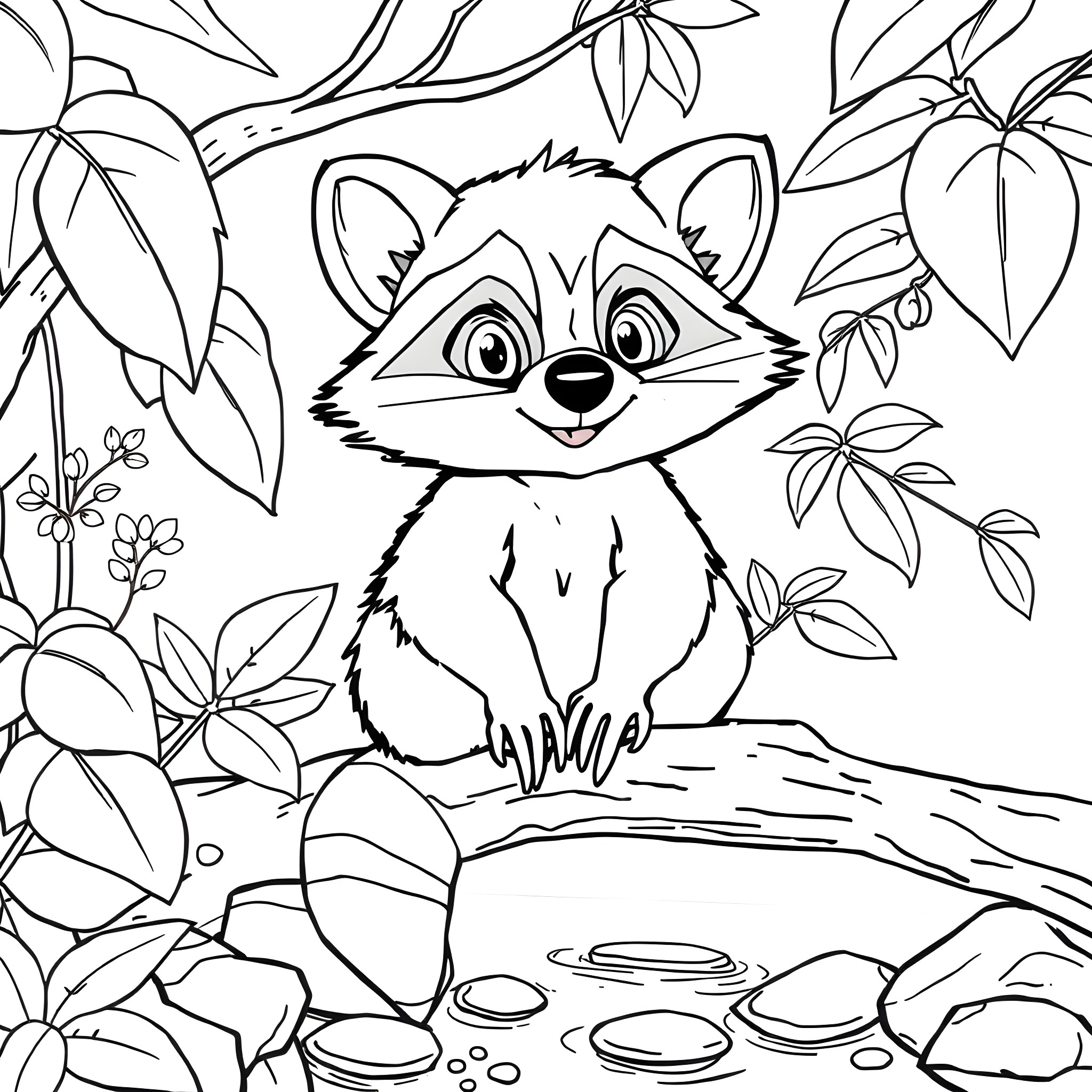 Meeko the Raccoon in the Enchanted Forest Coloring Page (free black-and-white line drawing printable PDF for all, from beginners to advanced learners, including children, teens, adults, and seniors)
