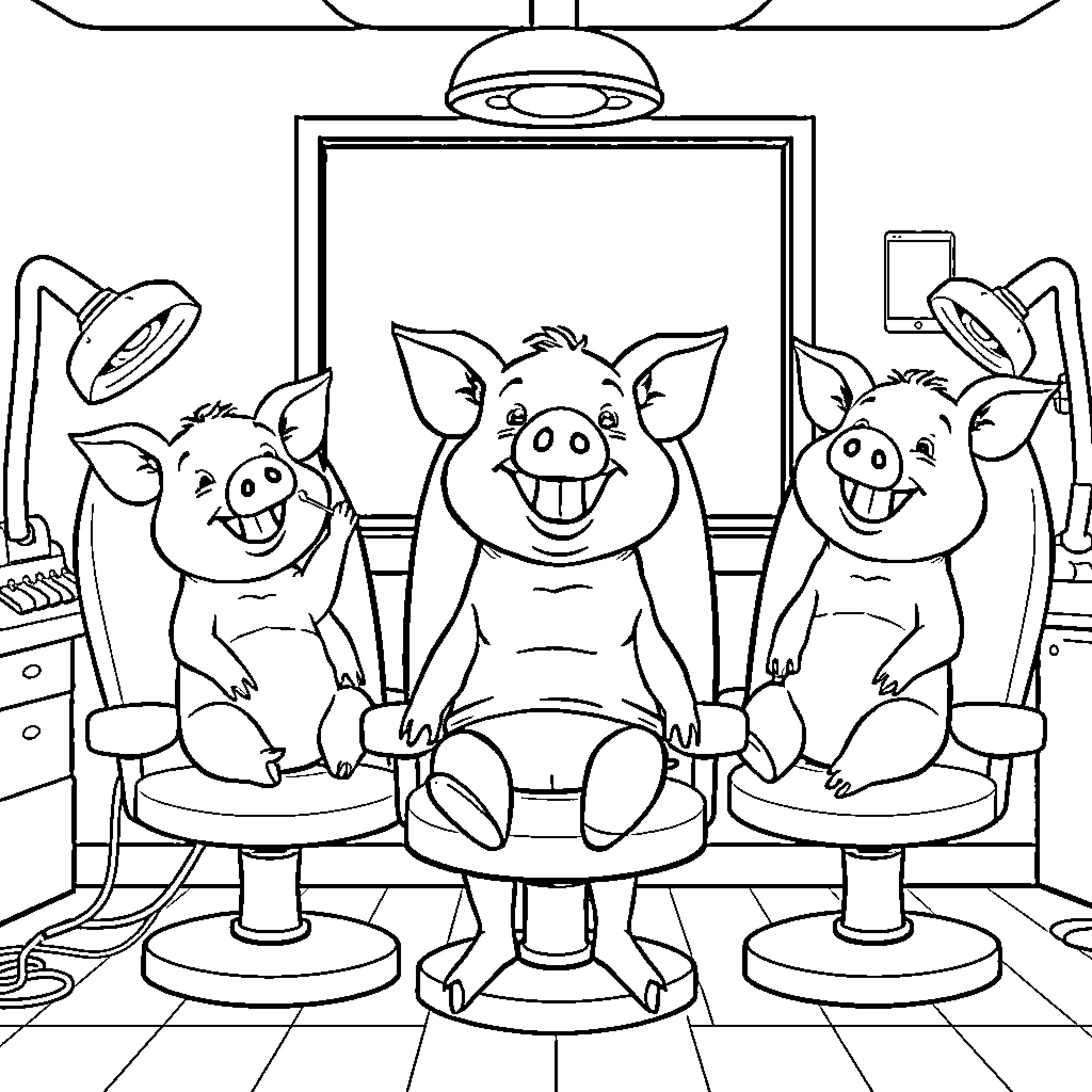 Pig friends hanging out at the salon Coloring Page (free black-and-white line drawing printable PDF for all, from beginners to advanced learners, including children, teens, adults, and seniors)