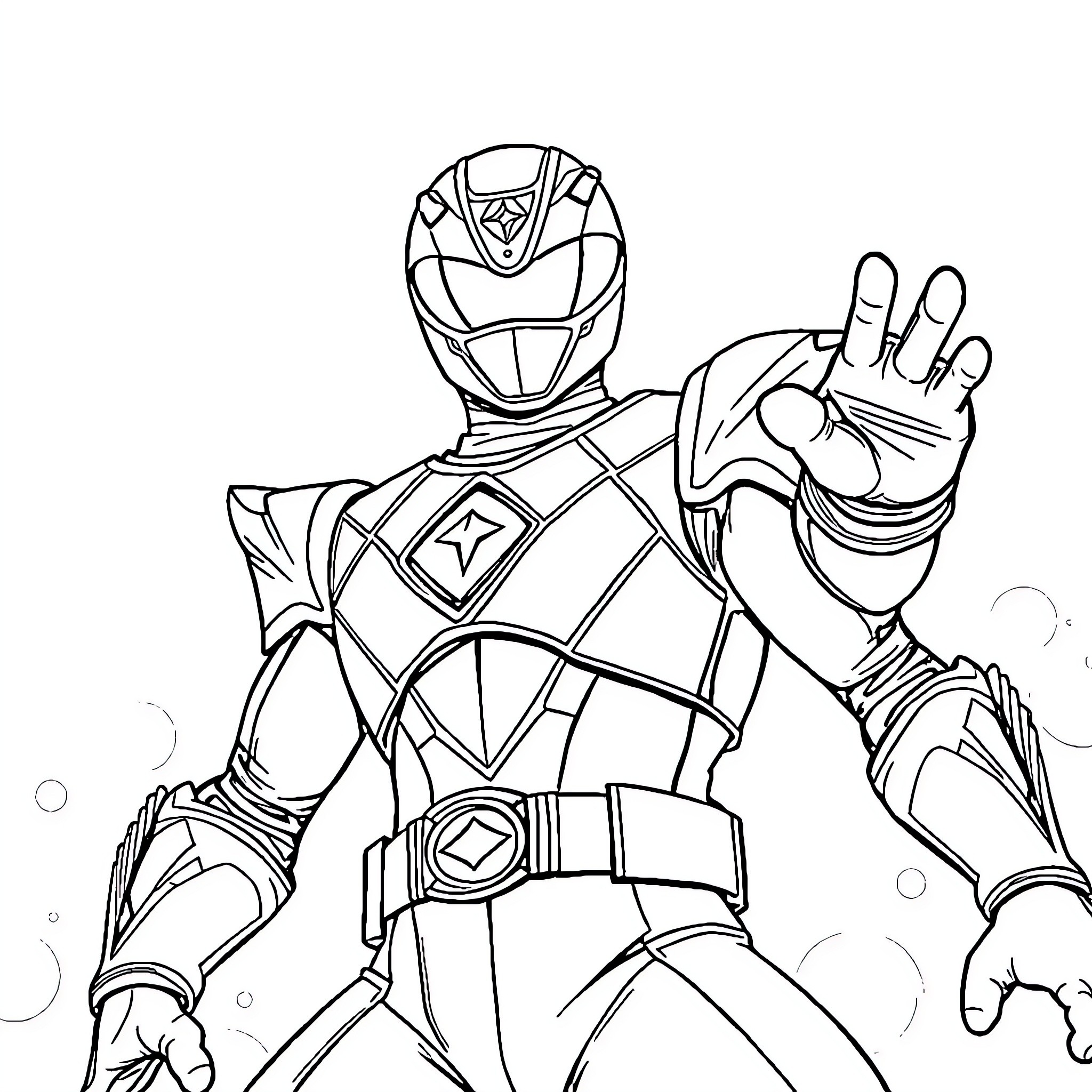 Power Ranger in Heroic Pose with Futuristic Suit Coloring Page (free black-and-white line drawing printable PDF for all, from beginners to advanced learners, including children, teens, adults, and seniors)