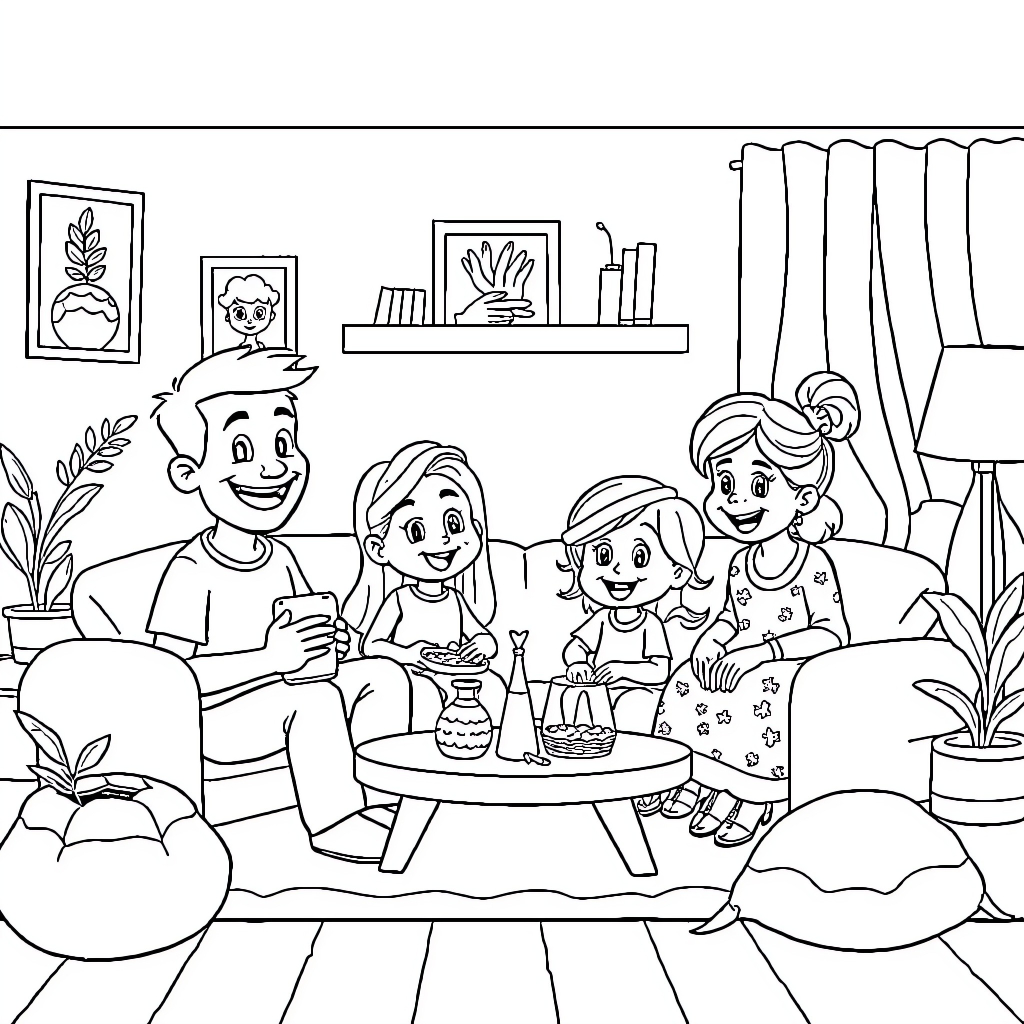 Bluey's Family Enjoying Time Together at Home Coloring Page (free black-and-white line drawing printable PDF for all, from beginners to advanced learners, including children, teens, adults, and seniors)