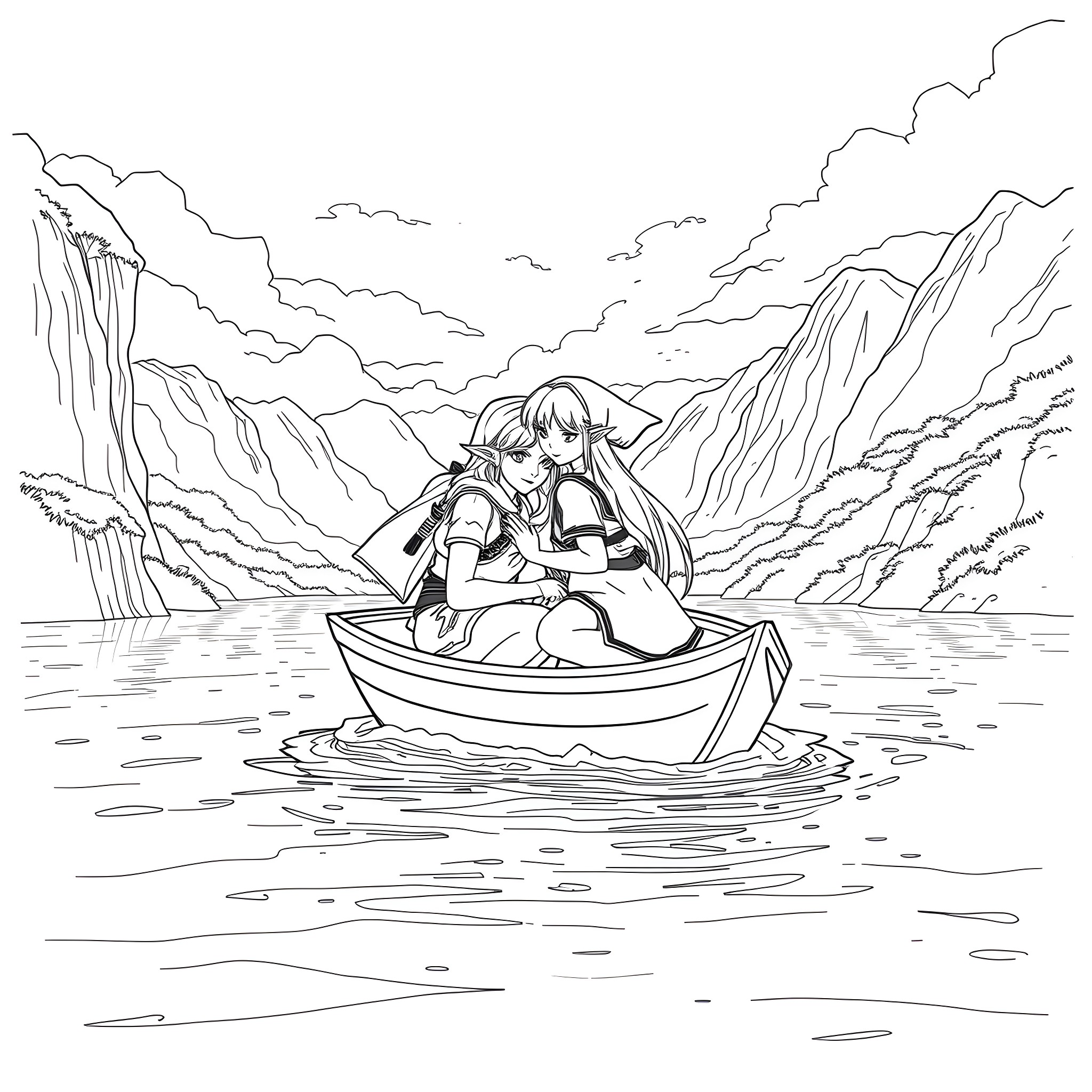 Zelda exploring the tranquil waters of a scenic lake Coloring Page (free black-and-white line drawing printable PDF for all, from beginners to advanced learners, including children, teens, adults, and seniors)