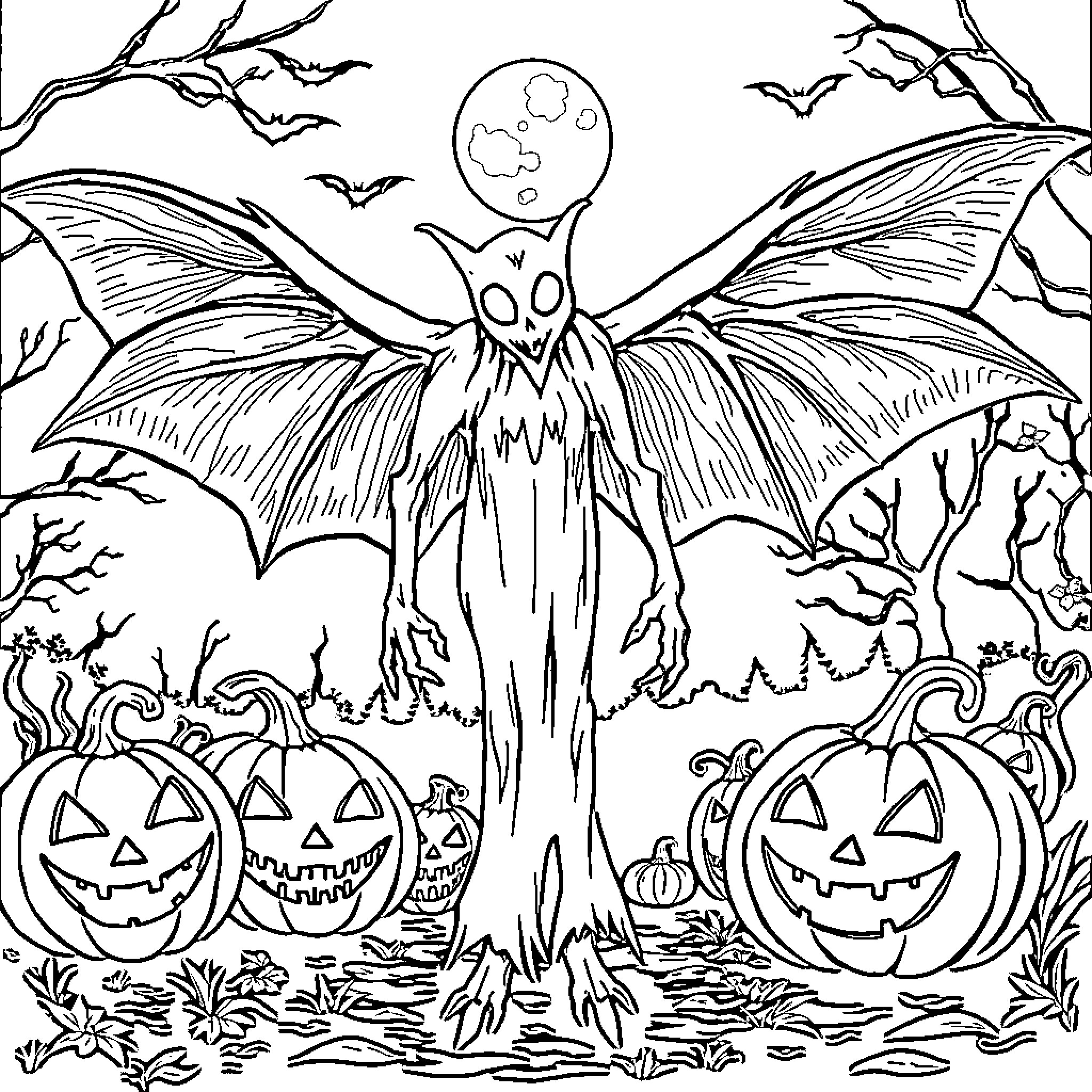 Mothman's Halloween Night in the Spooky Forest Coloring Page (free black-and-white line drawing printable PDF for all, from beginners to advanced learners, including children, teens, adults, and seniors)
