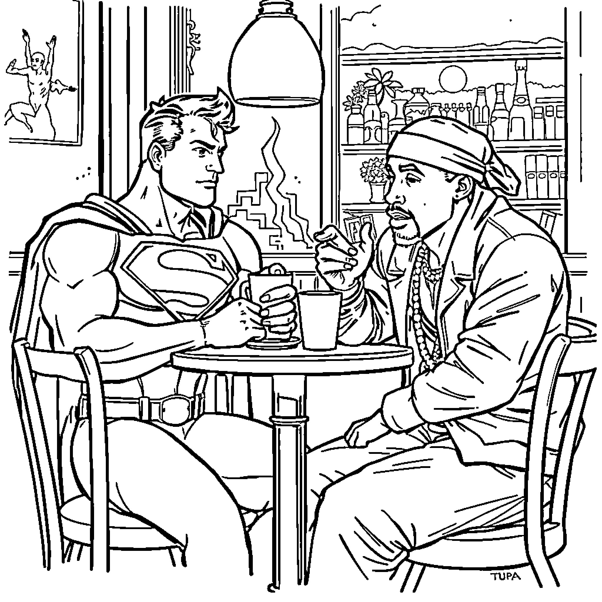 Superman having a friendly conversation with a man Coloring Page (free black-and-white line drawing printable PDF for all, from beginners to advanced learners, including children, teens, adults, and seniors)