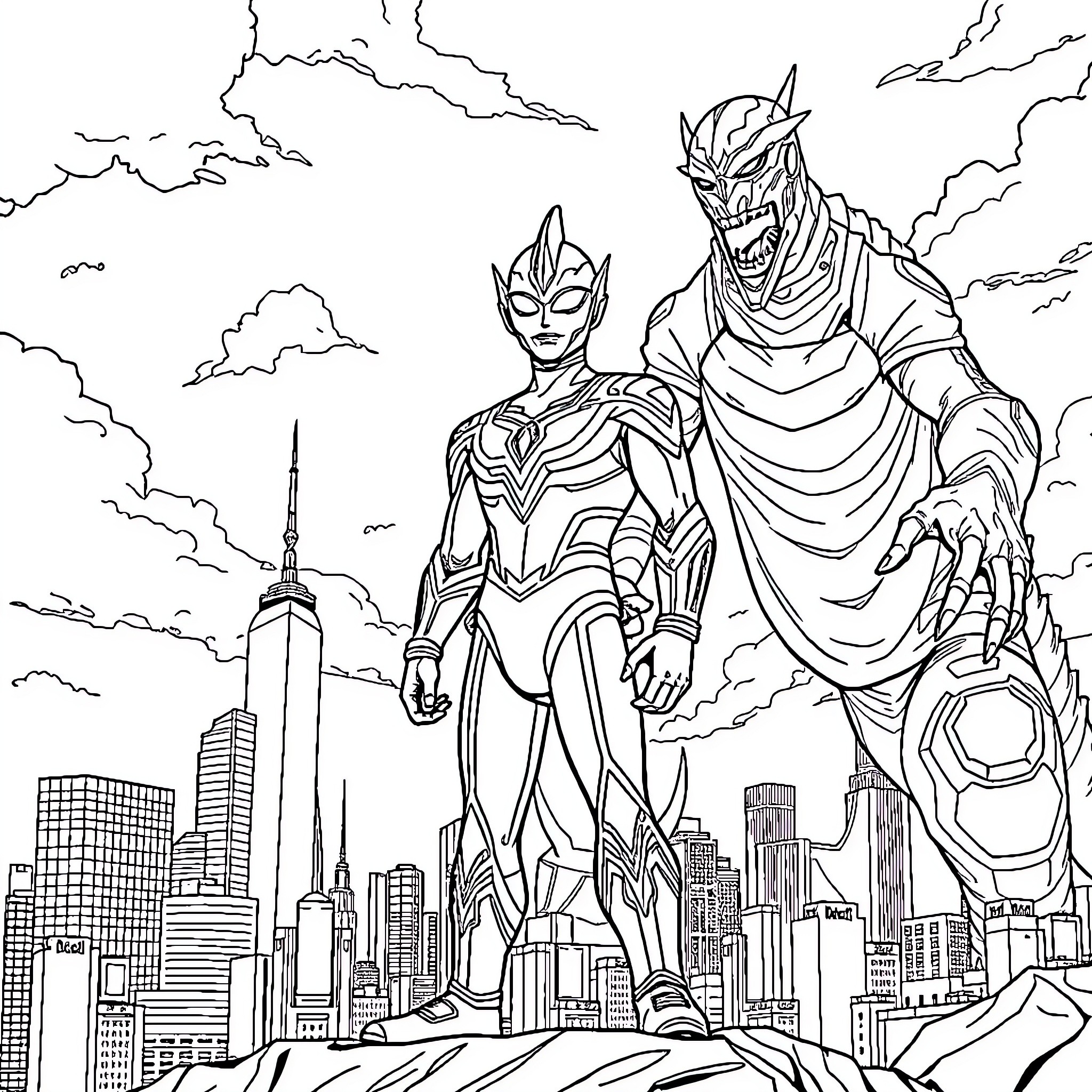 Ultraman heroes defending the city skyline Coloring Page (free black-and-white line drawing printable PDF for all, from beginners to advanced learners, including children, teens, adults, and seniors)