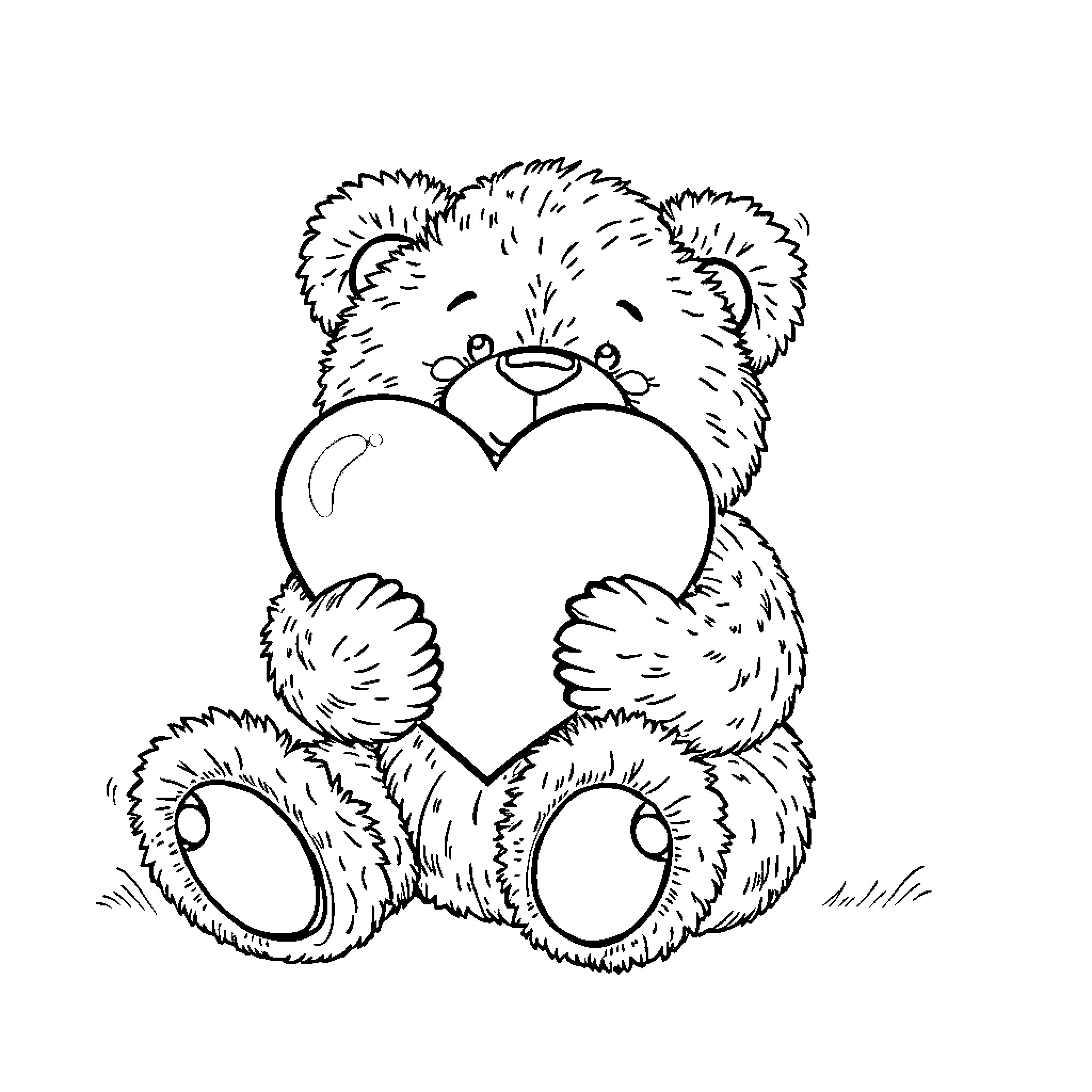 Teddy Bear Holding Heart-Shaped Pillow Coloring Page (free black-and-white line drawing printable PDF for all, from beginners to advanced learners, including children, teens, adults, and seniors)
