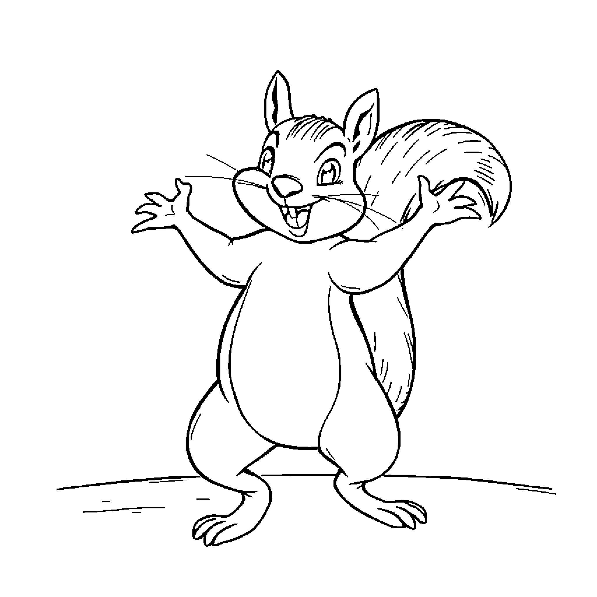 Squirrel happily gesturing outdoors Coloring Page (free black-and-white line drawing printable PDF for all, from beginners to advanced learners, including children, teens, adults, and seniors)