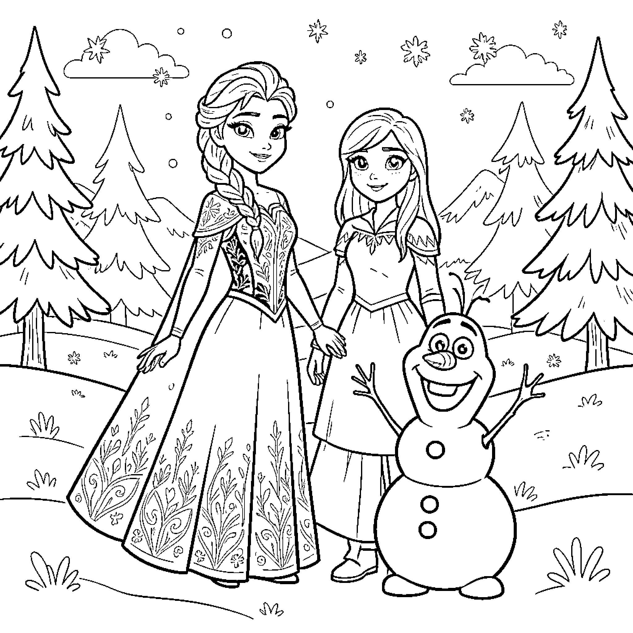Elsa standing with a young girl and Olaf Coloring Page (free black-and-white line drawing printable PDF for all, from beginners to advanced learners, including children, teens, adults, and seniors)