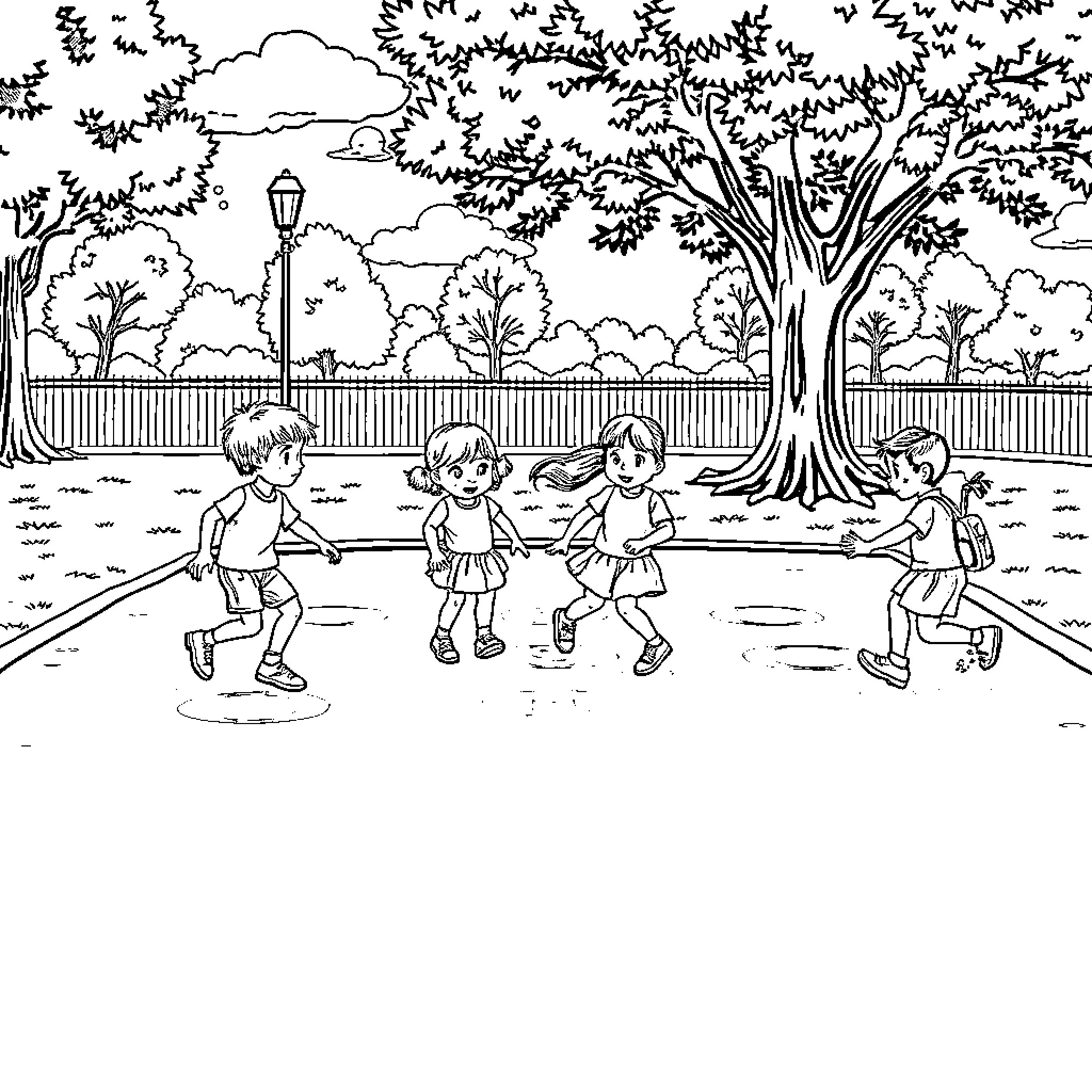 Kids playing joyfully in the park Coloring Page (free black-and-white line drawing printable PDF for all, from beginners to advanced learners, including children, teens, adults, and seniors)