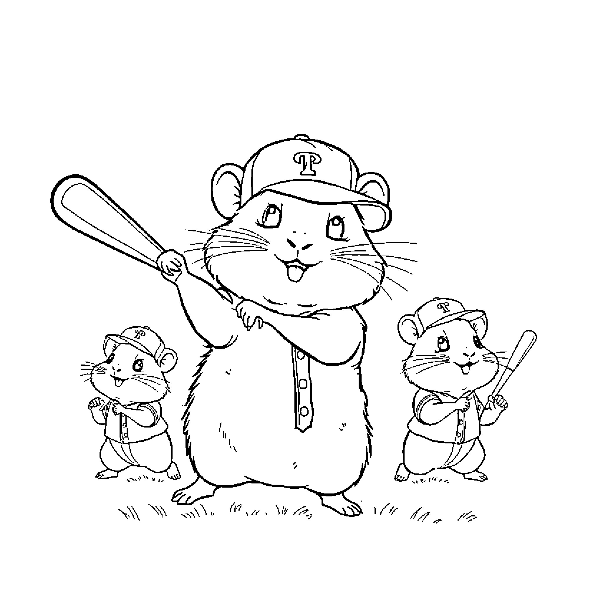 Hamsters playing baseball together Coloring Page (free black-and-white line drawing printable PDF for all, from beginners to advanced learners, including children, teens, adults, and seniors)