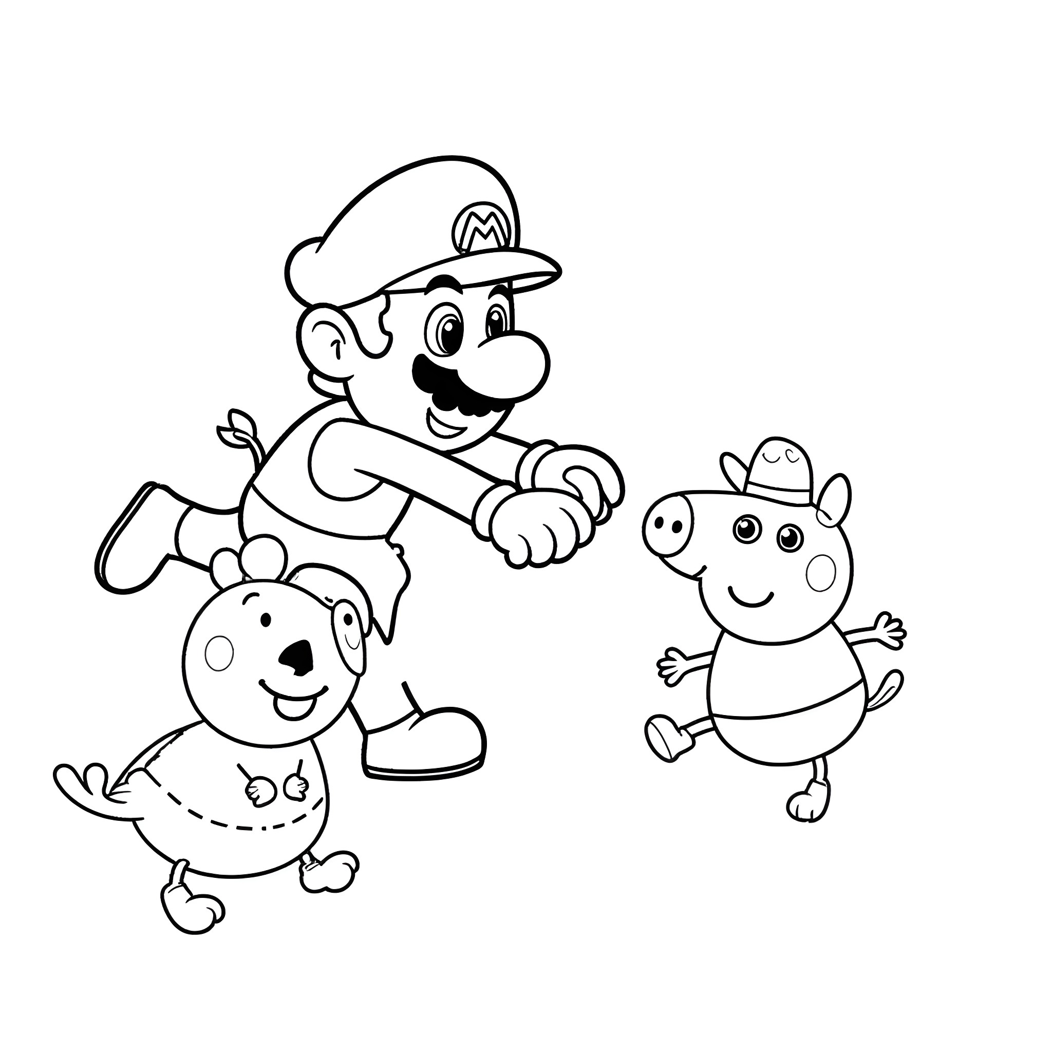 Super Mario playing with Peppa Pig and her friend Coloring Page (free black-and-white line drawing printable PDF for all, from beginners to advanced learners, including children, teens, adults, and seniors)