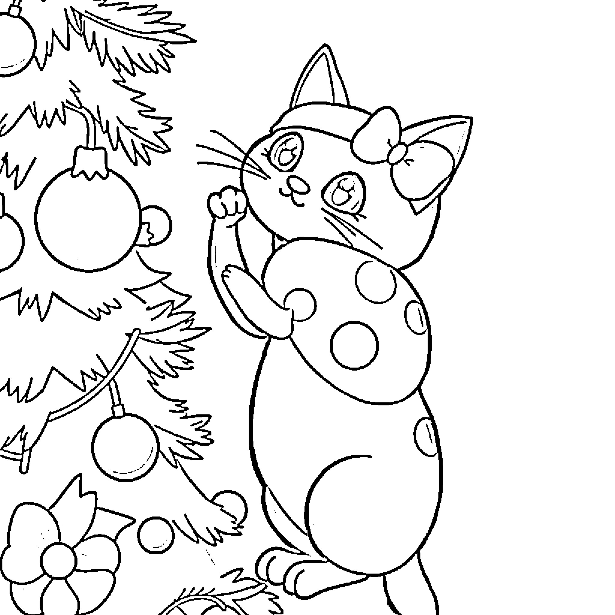 Catbug decorating a Christmas tree Coloring Page (free black-and-white line drawing printable PDF for all, from beginners to advanced learners, including children, teens, adults, and seniors)