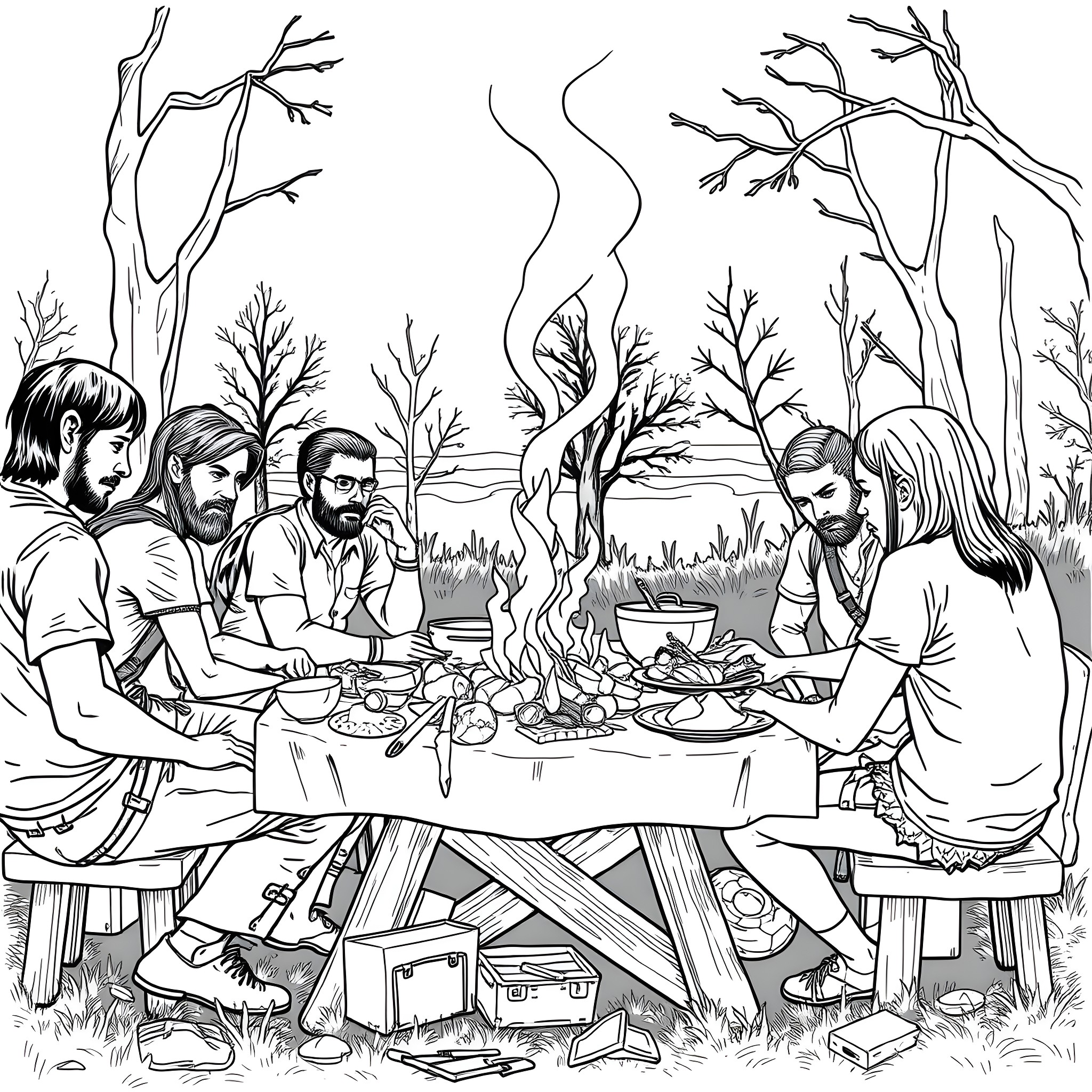 Party in the Wilderness: Friends Gathering for an Outdoor Feast Coloring Page (free black-and-white line drawing printable PDF for all, from beginners to advanced learners, including children, teens, adults, and seniors)