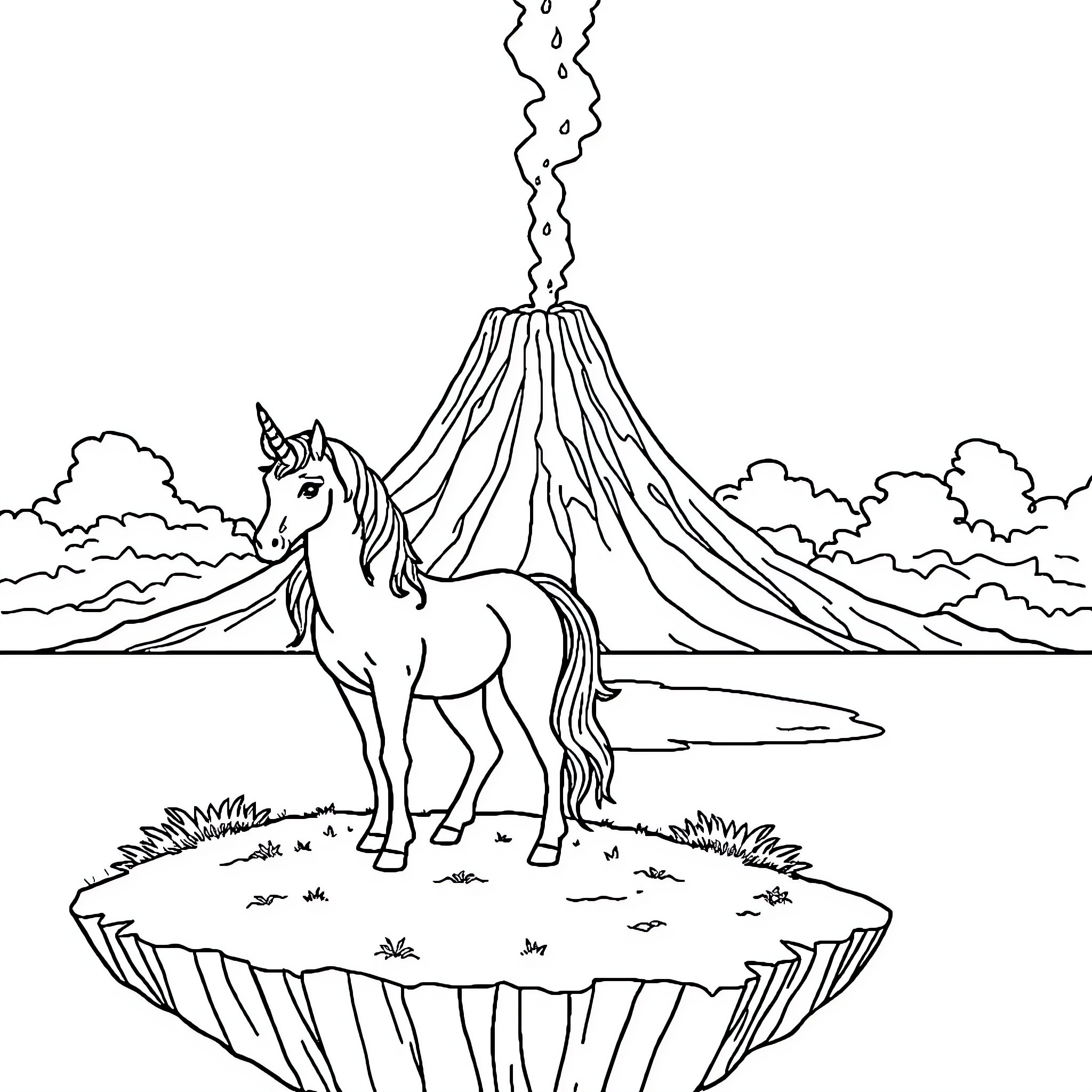 Unicorn standing before a volcanic eruption Coloring Page (free black-and-white line drawing printable PDF for all, from beginners to advanced learners, including children, teens, adults, and seniors)