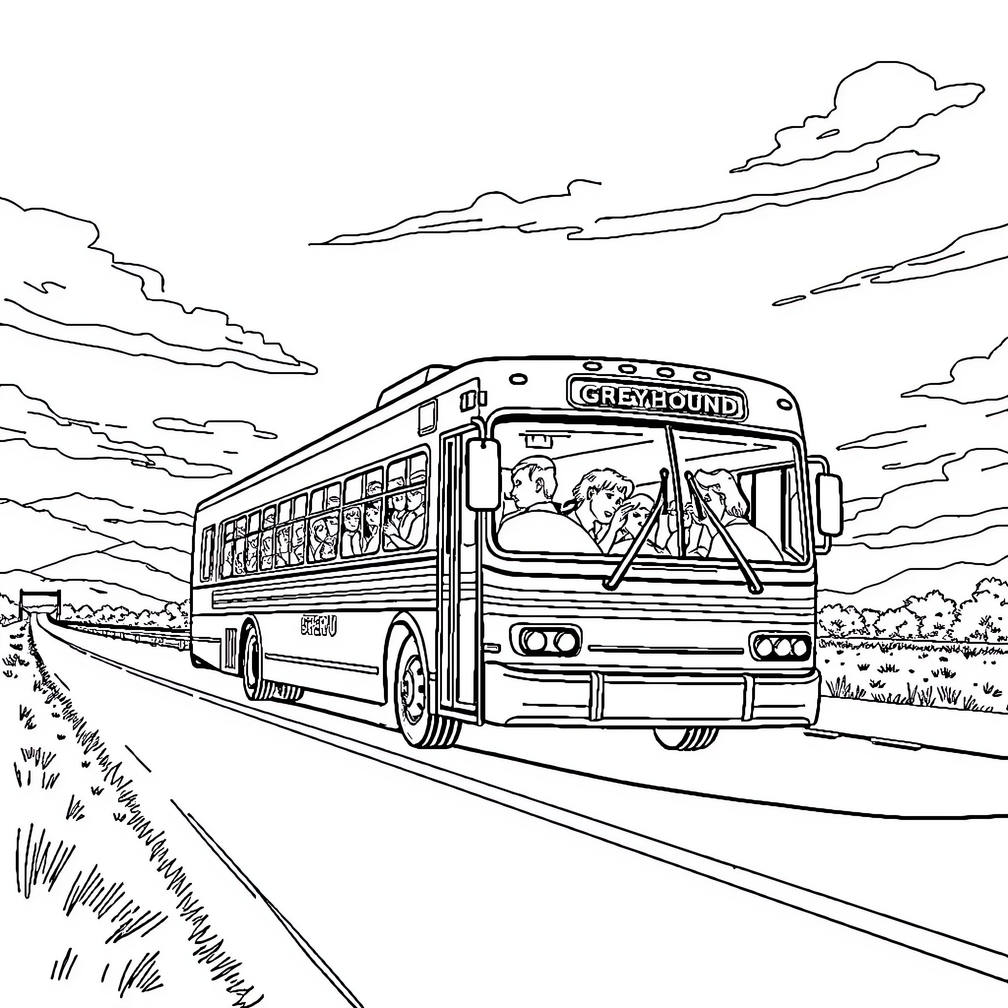 Bus transporting passengers along a scenic route Coloring Page (free black-and-white line drawing printable PDF for all, from beginners to advanced learners, including children, teens, adults, and seniors)