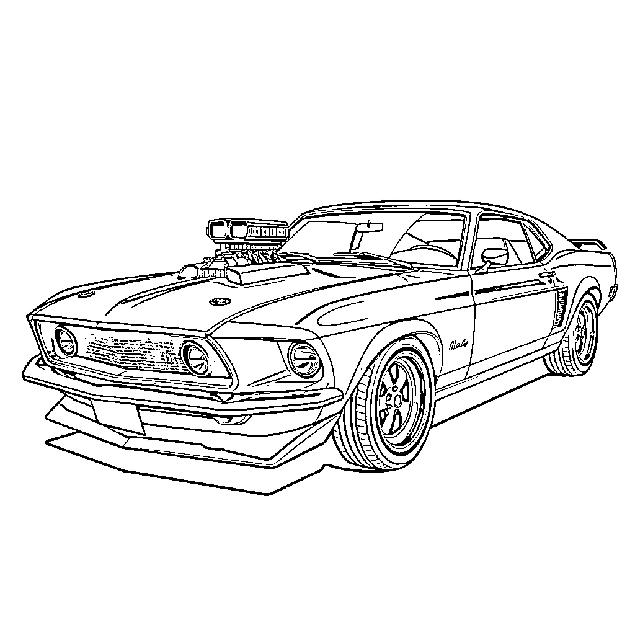 Ford Mustang Muscle Car in Detailed Illustration Coloring Page (free black-and-white line drawing printable PDF for all, from beginners to advanced learners, including children, teens, adults, and seniors)