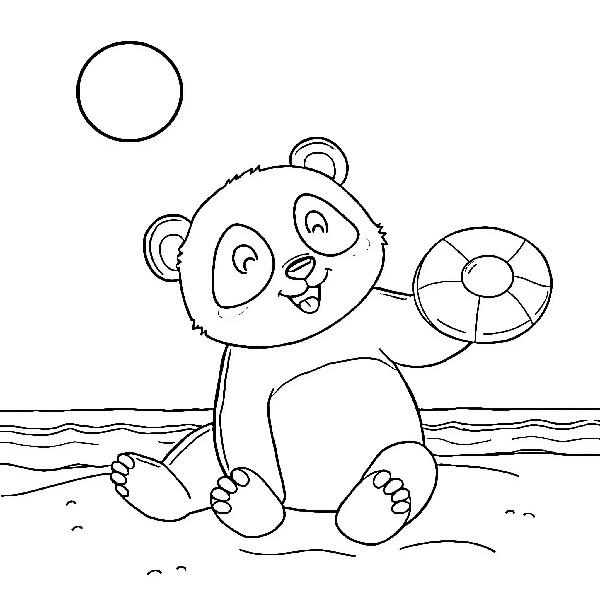 Panda playing with beach ball in the water Coloring Page (free black-and-white line drawing printable PDF for all, from beginners to advanced learners, including children, teens, adults, and seniors)