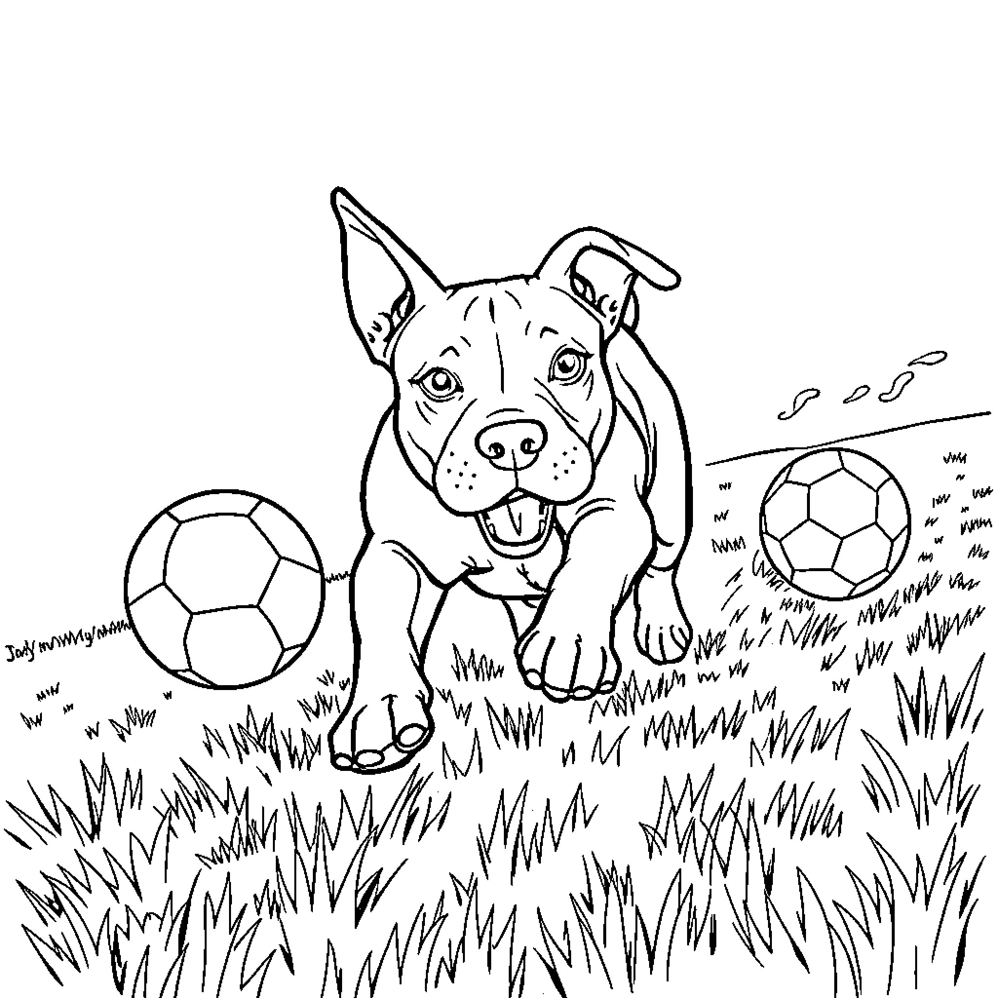 Pitbull playing happily with soccer balls in the park Coloring Page (free black-and-white line drawing printable PDF for all, from beginners to advanced learners, including children, teens, adults, and seniors)