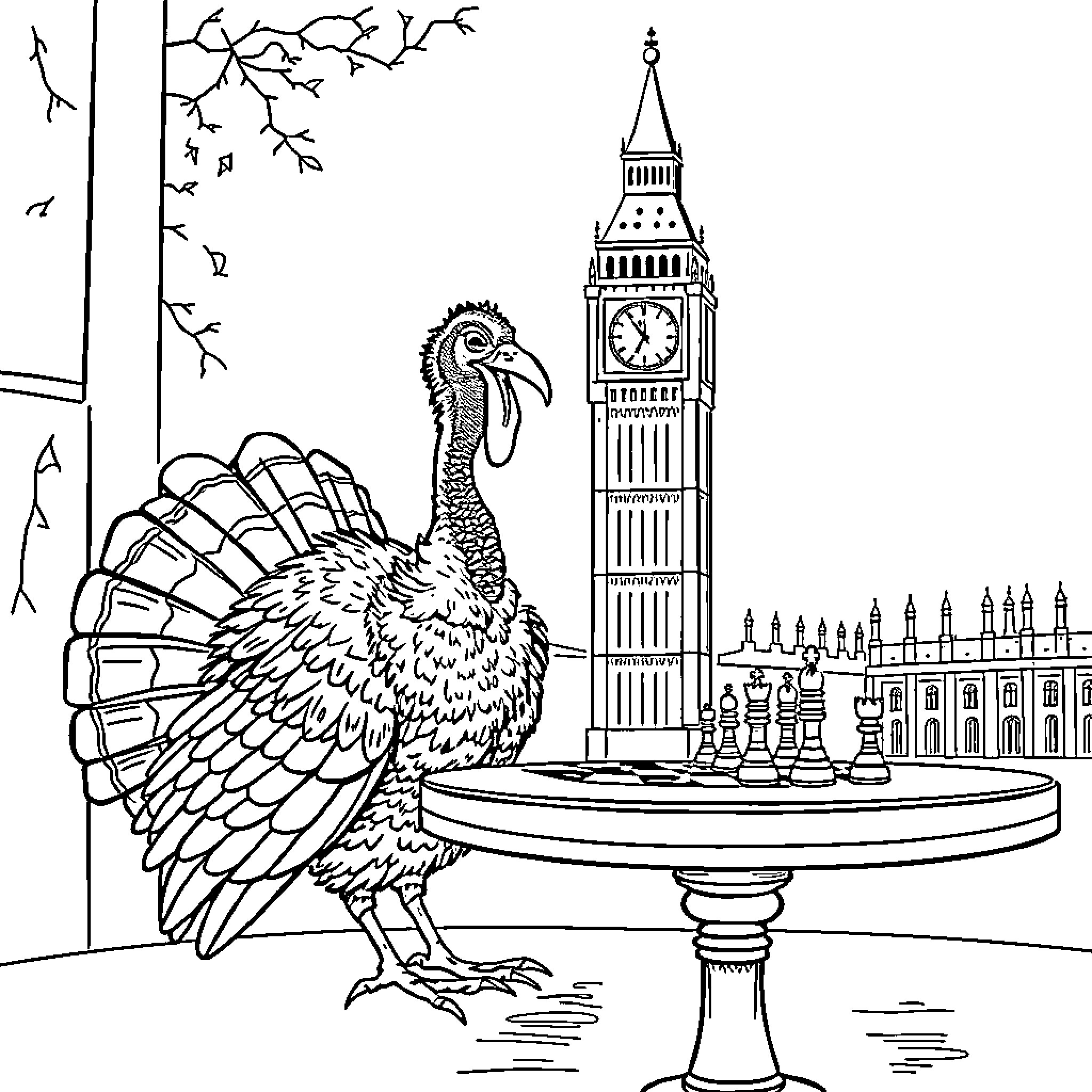 Turkey strutting near iconic Big Ben landmark Coloring Page (free black-and-white line drawing printable PDF for all, from beginners to advanced learners, including children, teens, adults, and seniors)