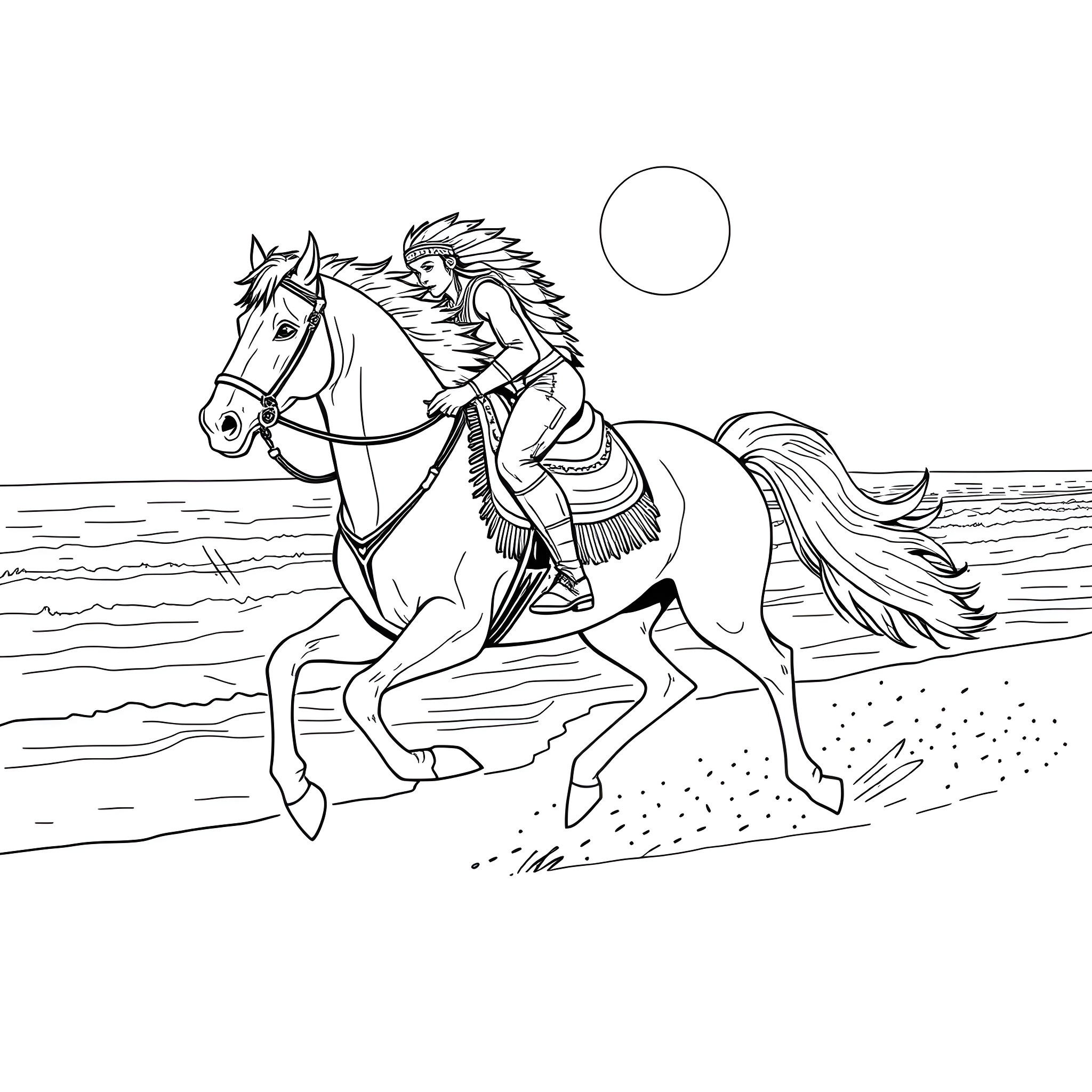Indian Tribal Rider on Galloping Horse Coloring Page (free black-and-white line drawing printable PDF for all, from beginners to advanced learners, including children, teens, adults, and seniors)